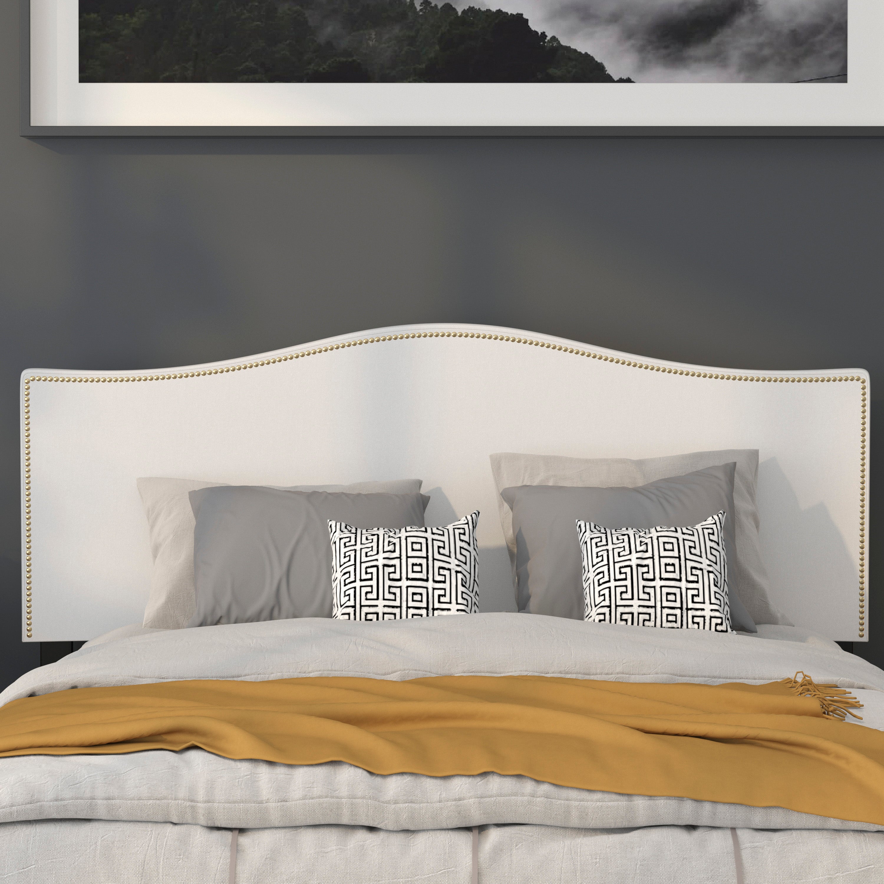 Lexington Upholstered Queen Size Headboard with Accent Nail Trim in White Fabric