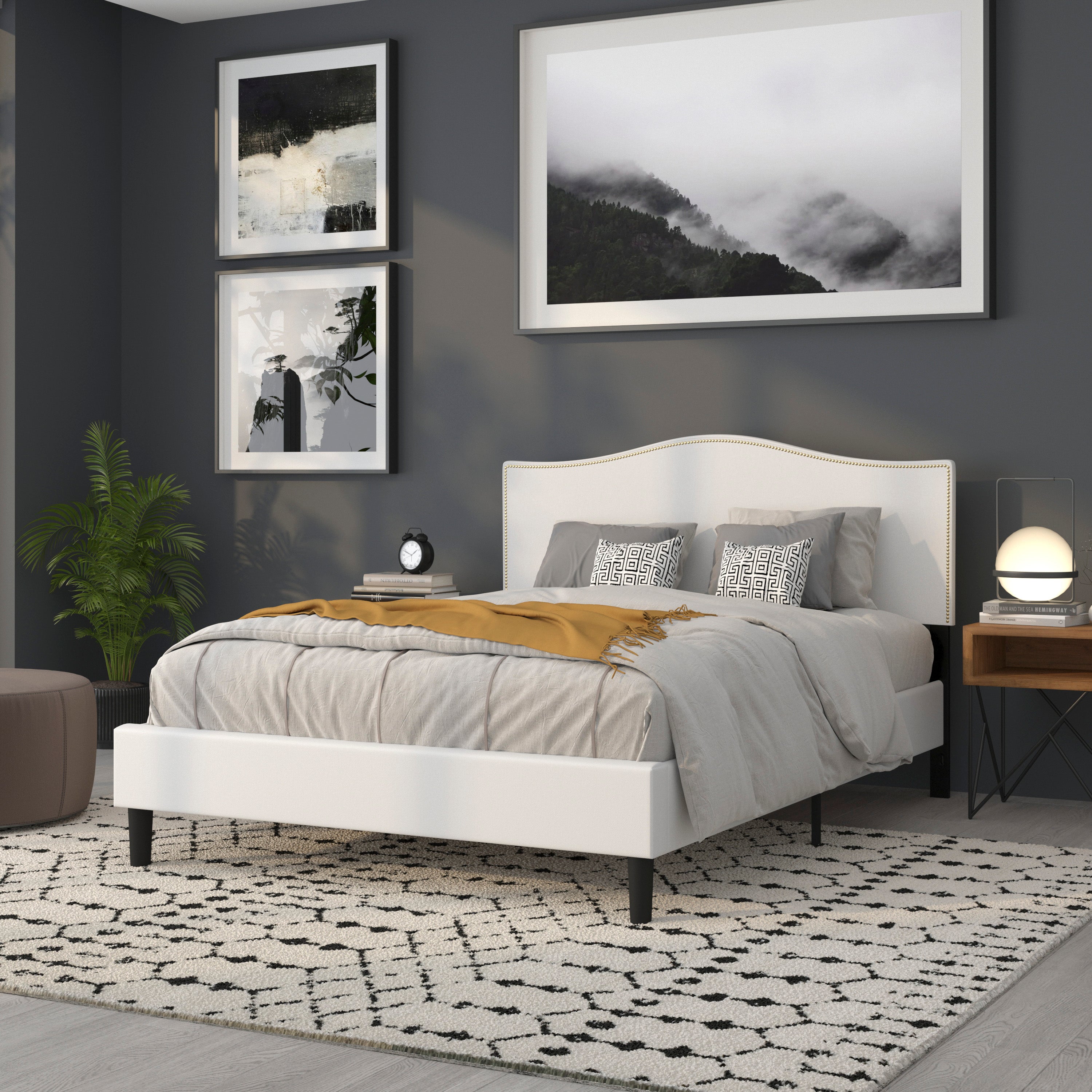 Lexington Upholstered Queen Size Headboard with Accent Nail Trim in White Fabric