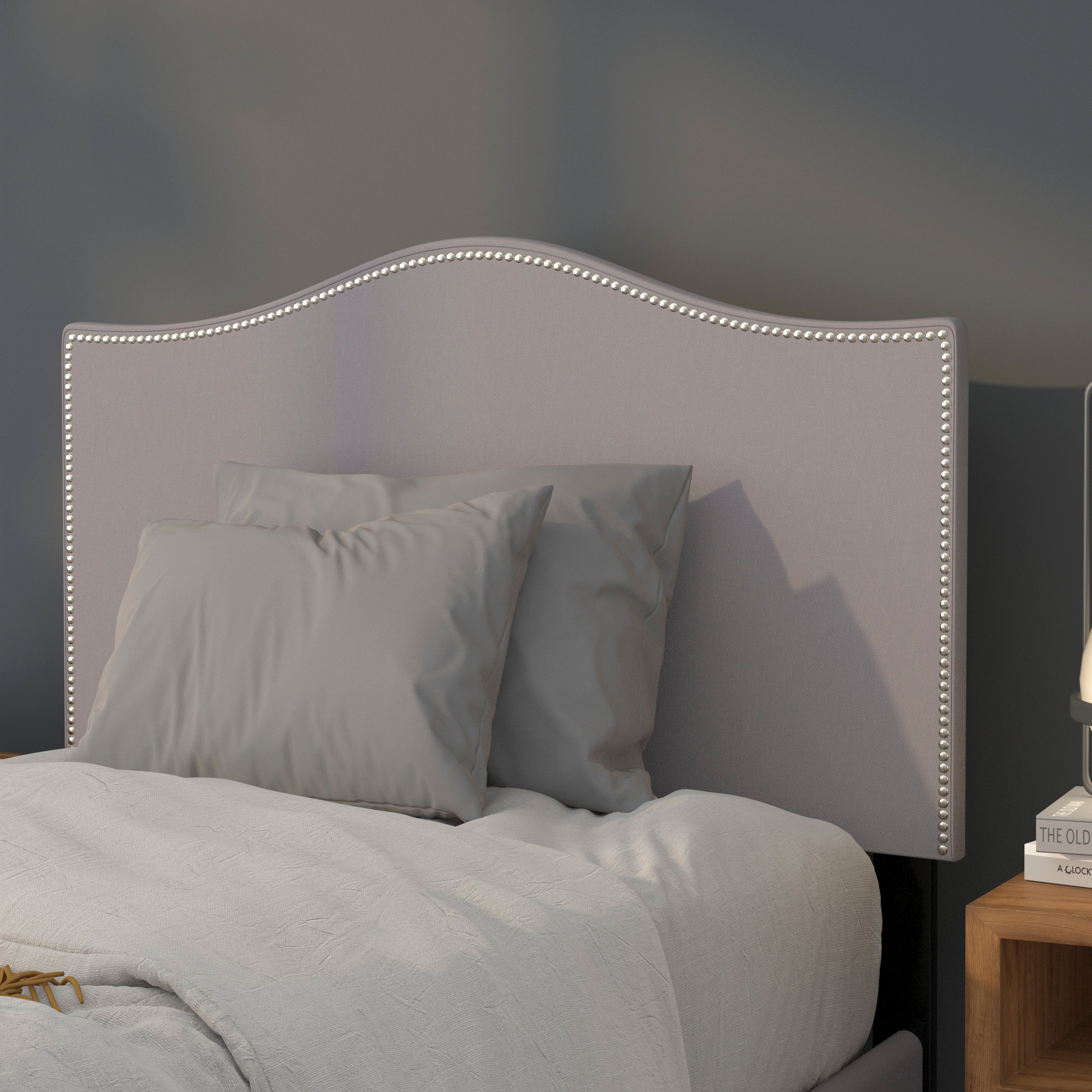 Lexington Upholstered Twin Size Headboard with Accent Nail Trim in Light Gray Fabric