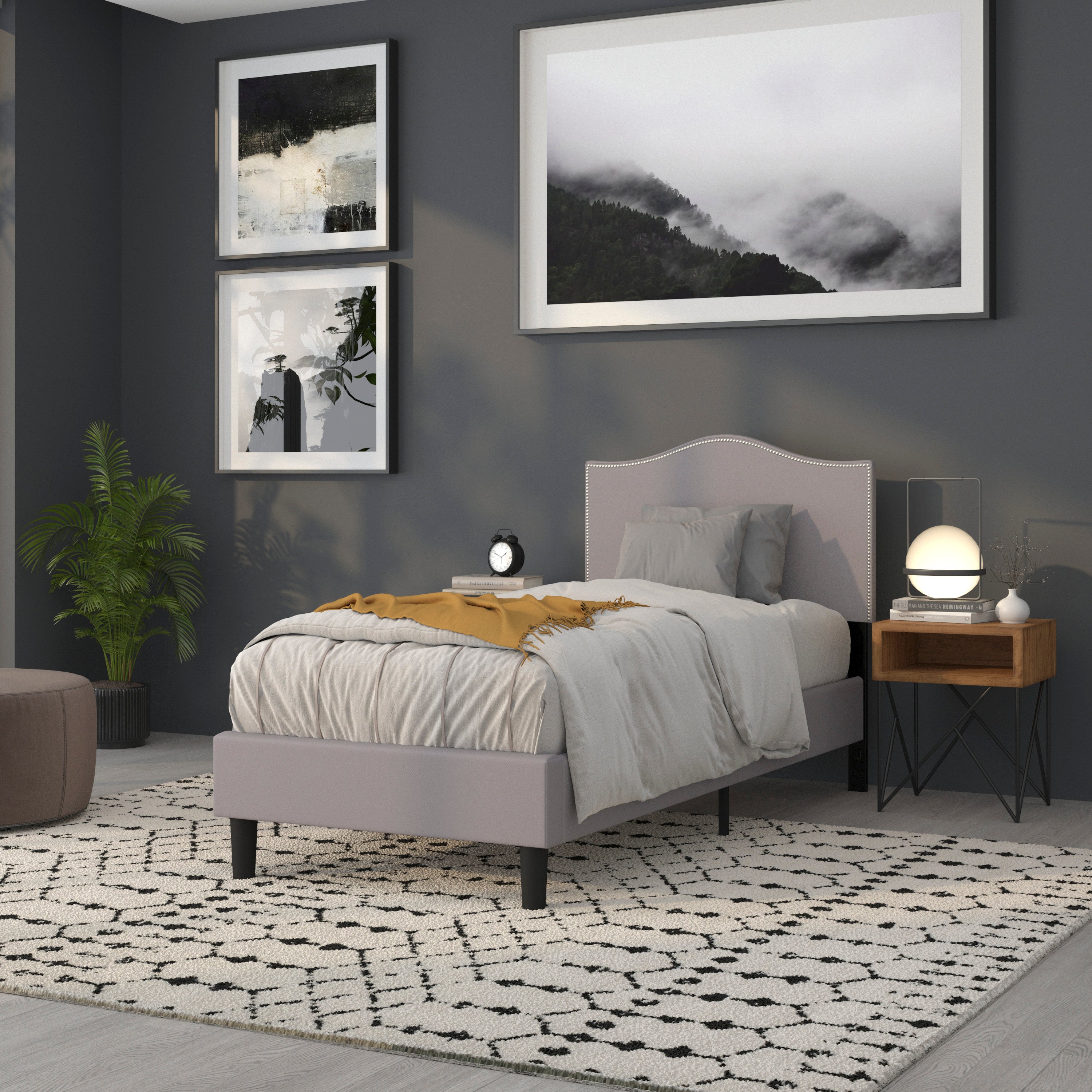 Lexington Upholstered Twin Size Headboard with Accent Nail Trim in Light Gray Fabric
