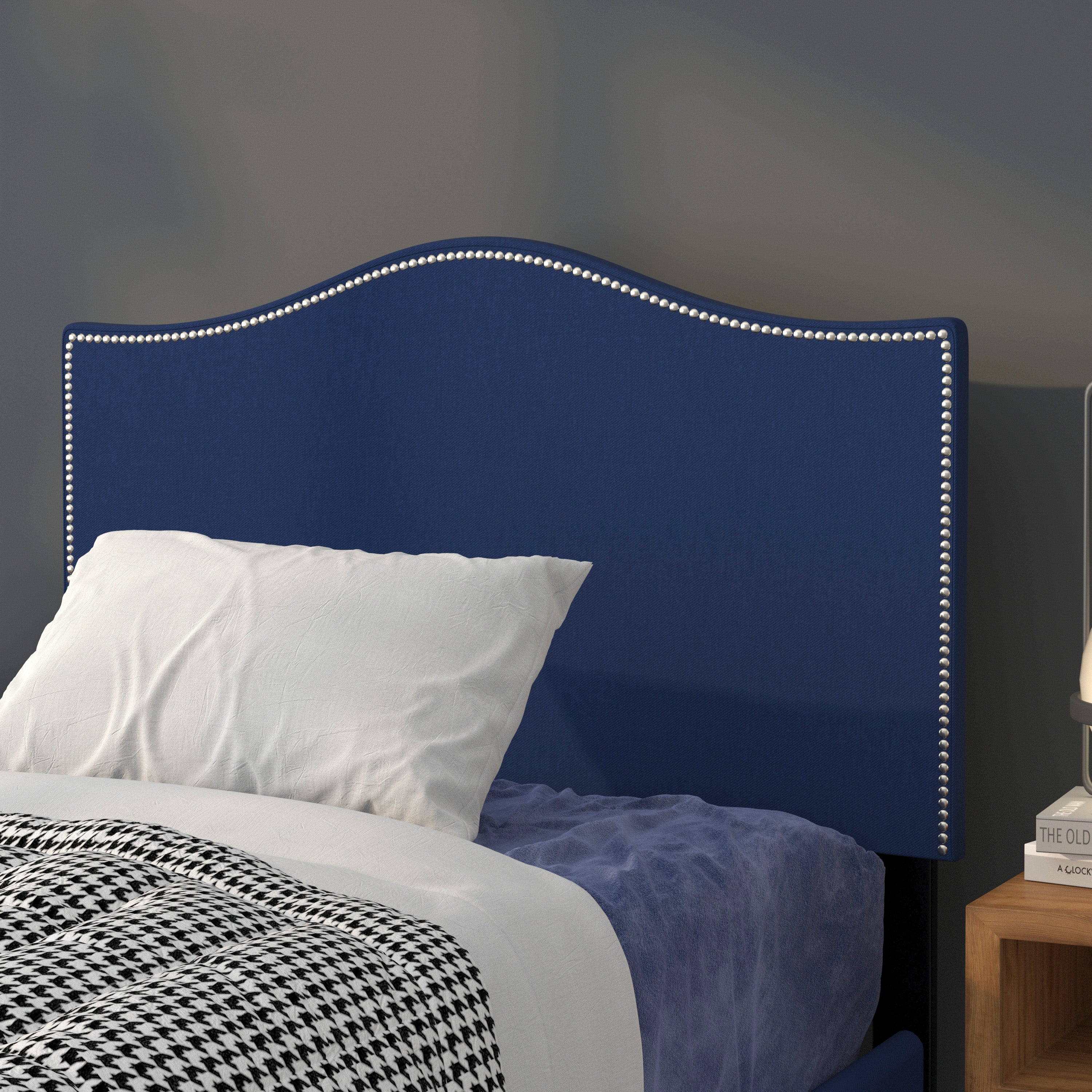Lexington Upholstered Twin Size Headboard with Accent Nail Trim in Navy Fabric