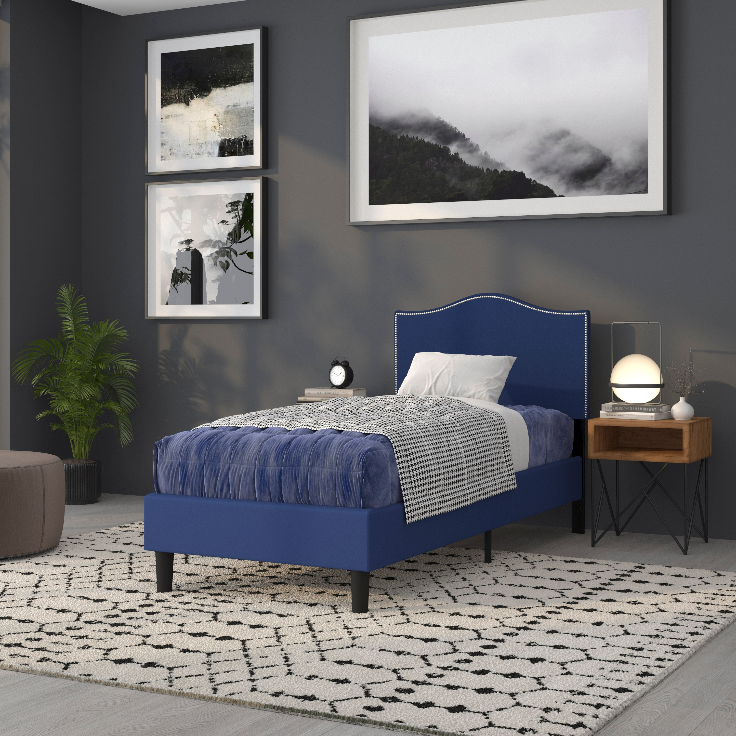 Lexington Upholstered Twin Size Headboard with Accent Nail Trim in Navy Fabric
