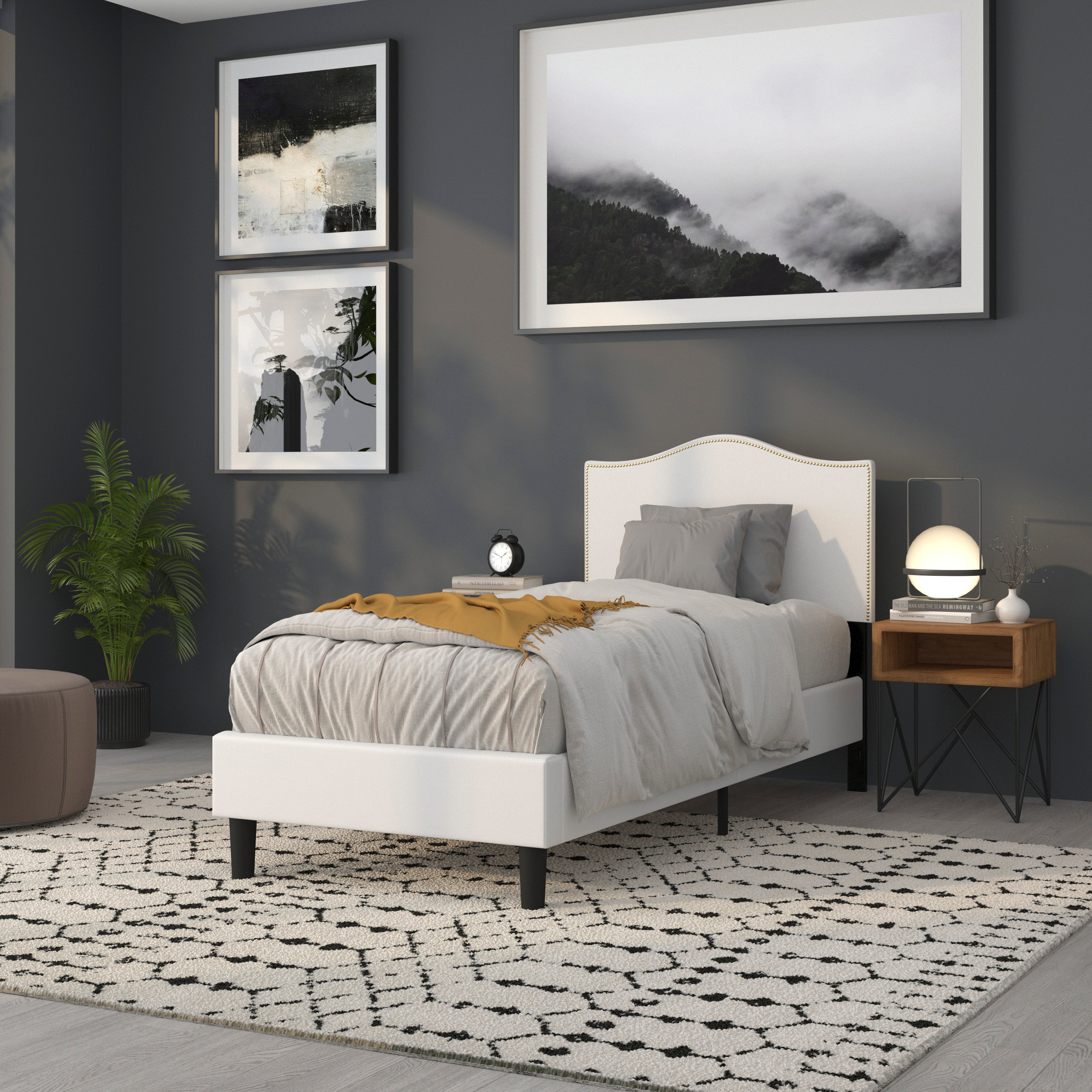 Lexington Upholstered Twin Size Headboard with Accent Nail Trim in White Fabric