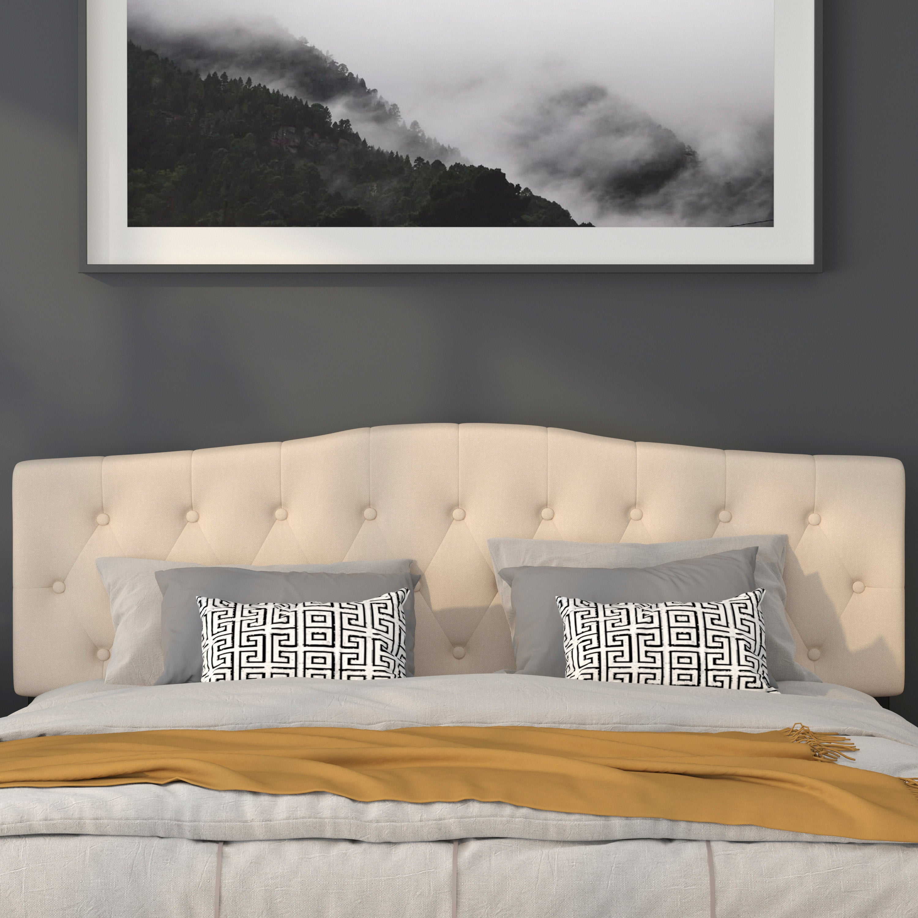 Cambridge Tufted Upholstered King Size Headboard in Beige Fabric