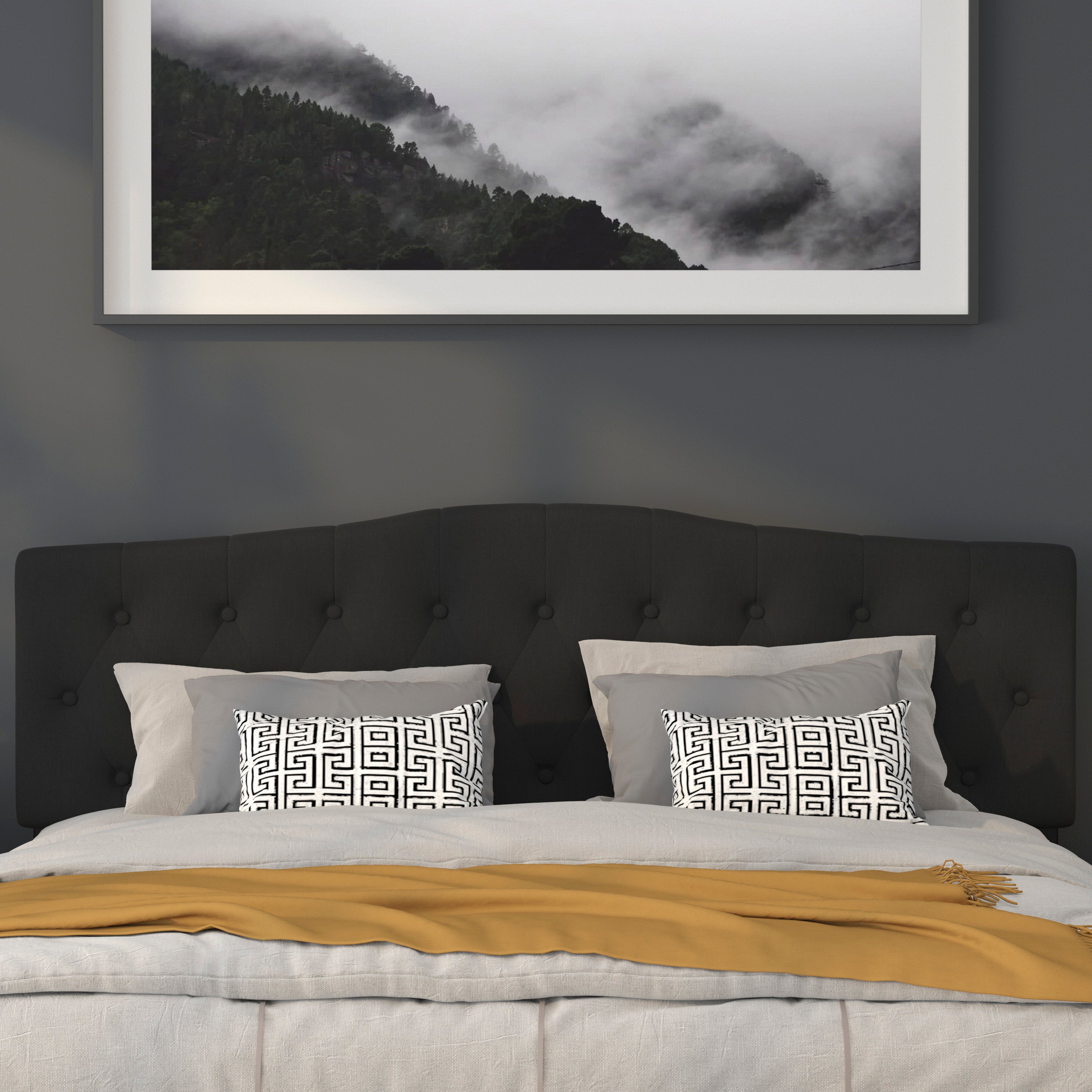Cambridge Tufted Upholstered King Size Headboard in Black Fabric