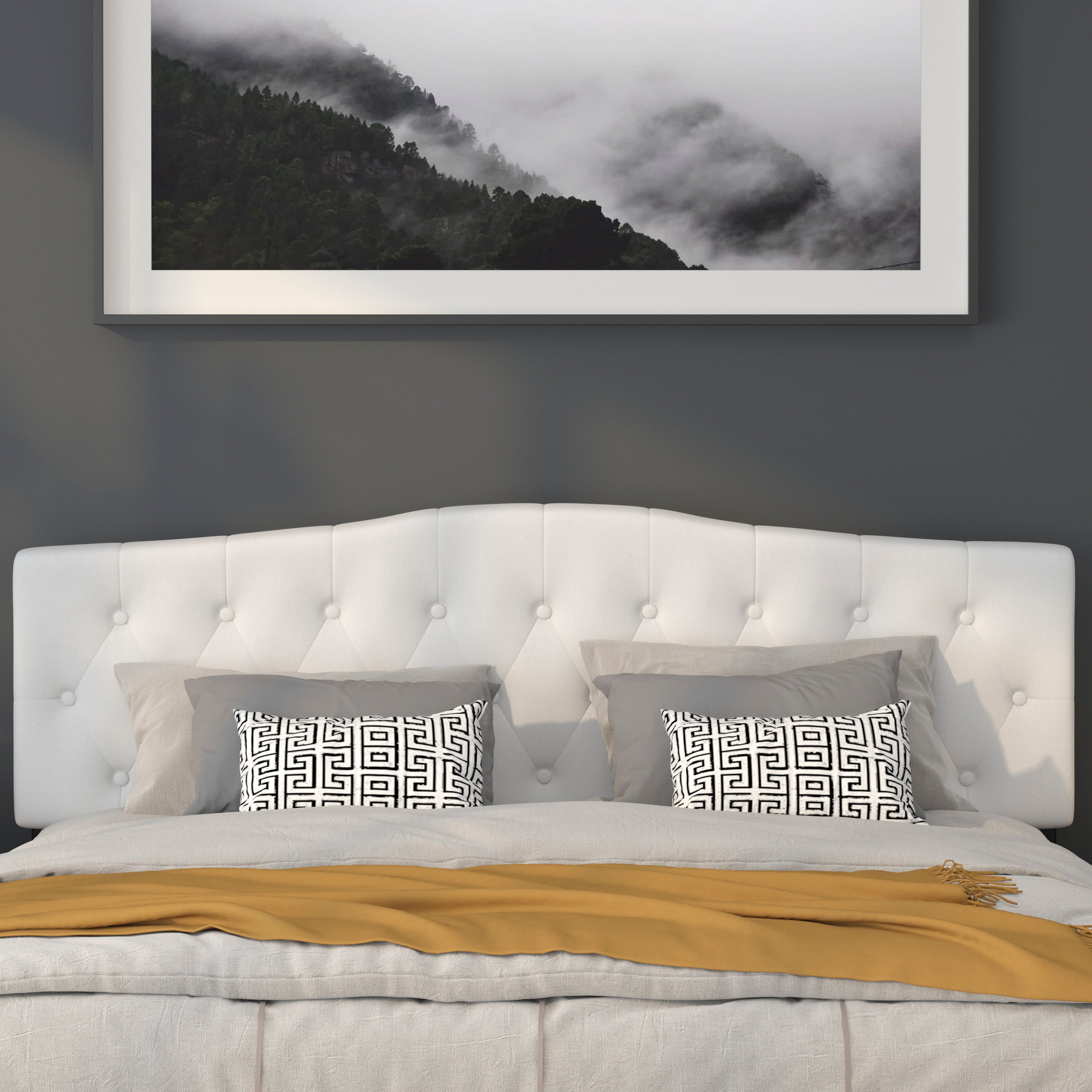 Cambridge Tufted Upholstered King Size Headboard in White Fabric