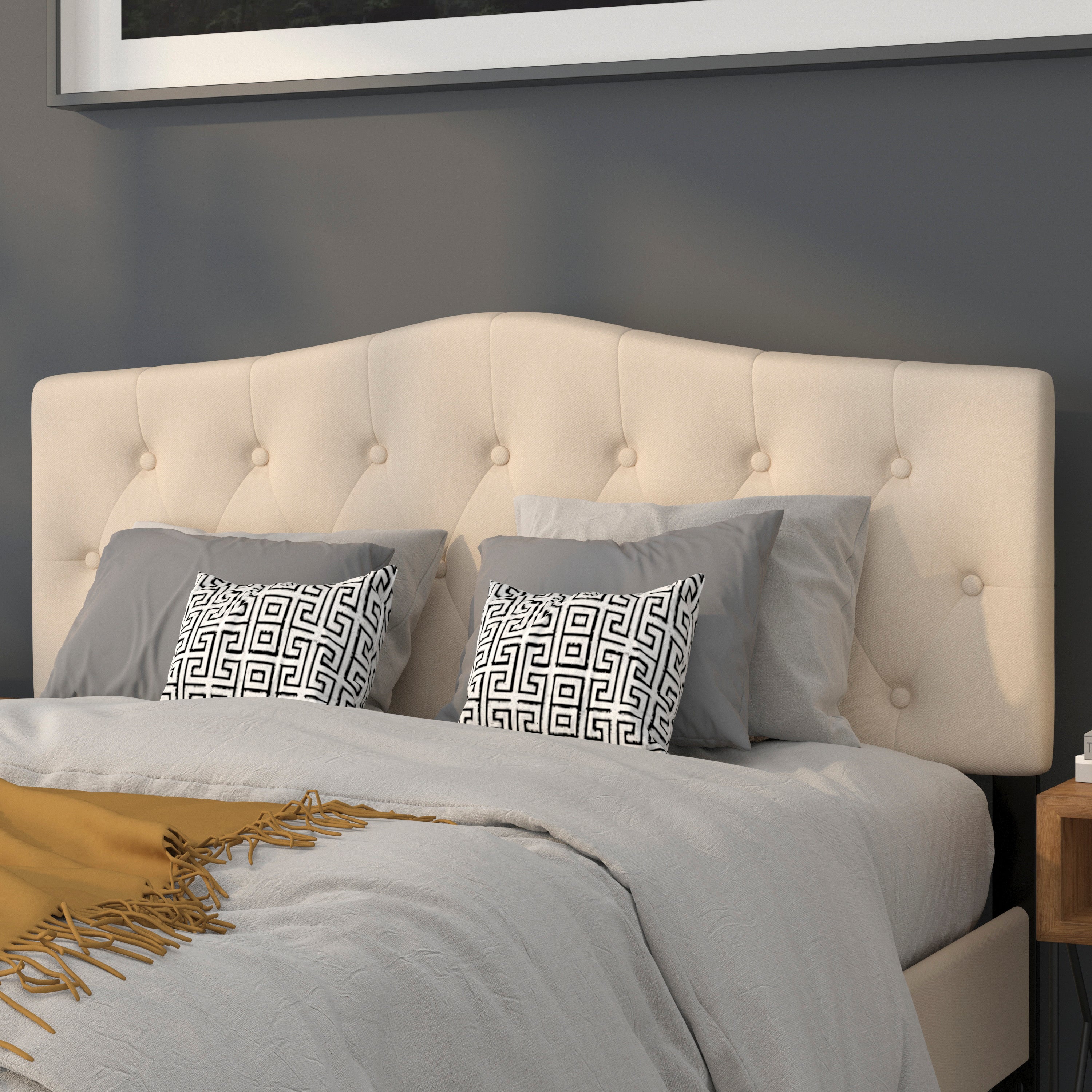 Cambridge Tufted Upholstered Queen Size Headboard in Beige Fabric