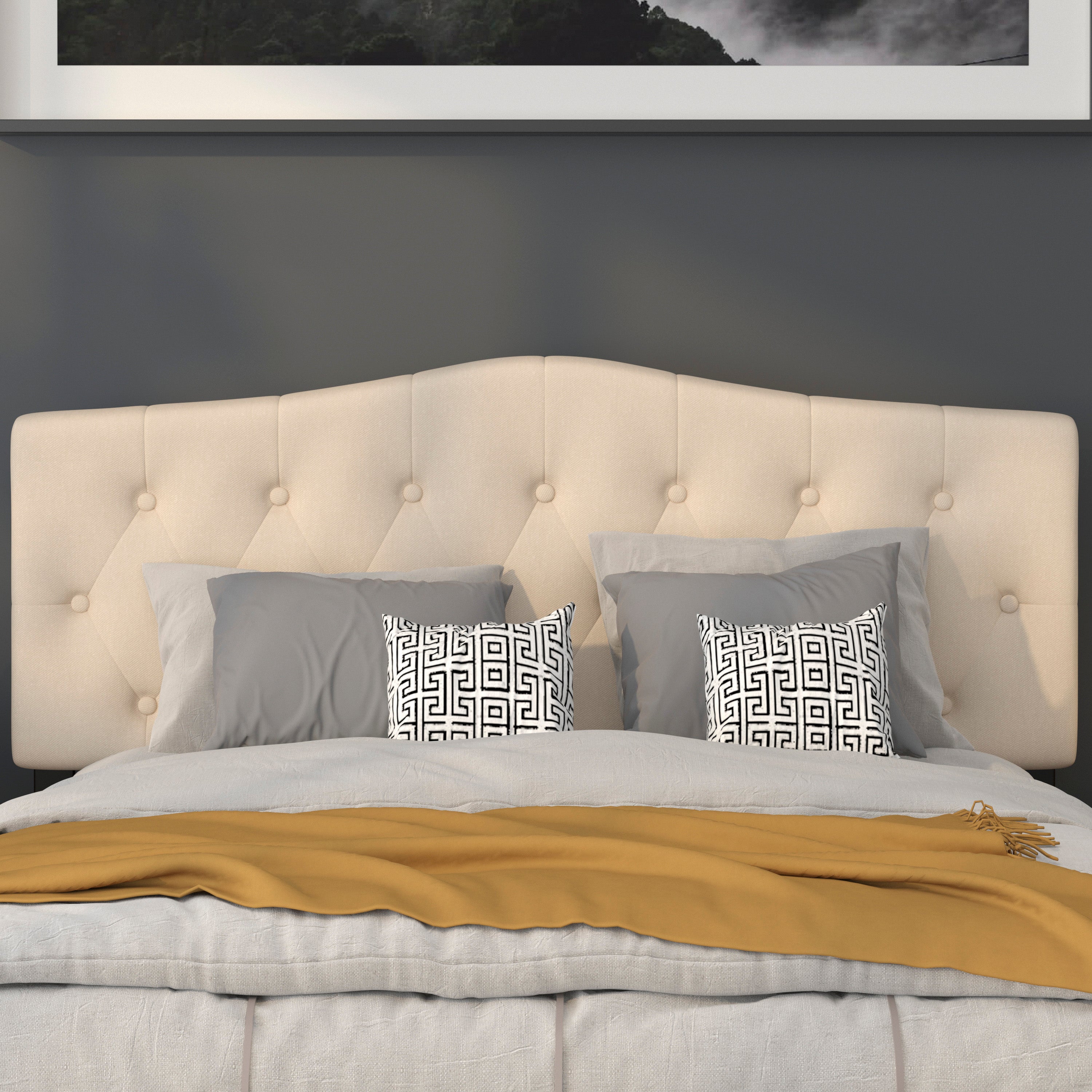 Cambridge Tufted Upholstered Queen Size Headboard in Beige Fabric