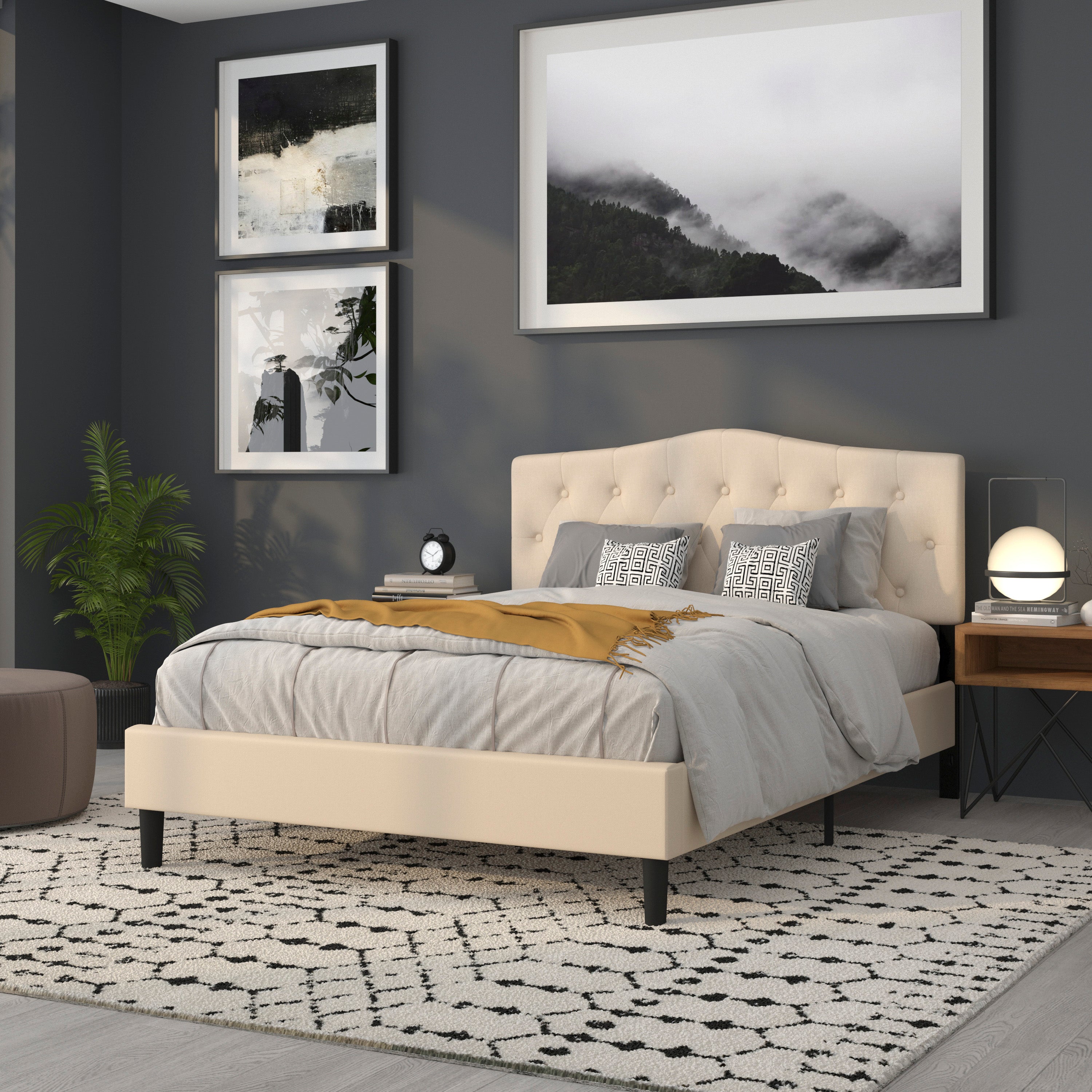 Cambridge Tufted Upholstered Queen Size Headboard in Beige Fabric