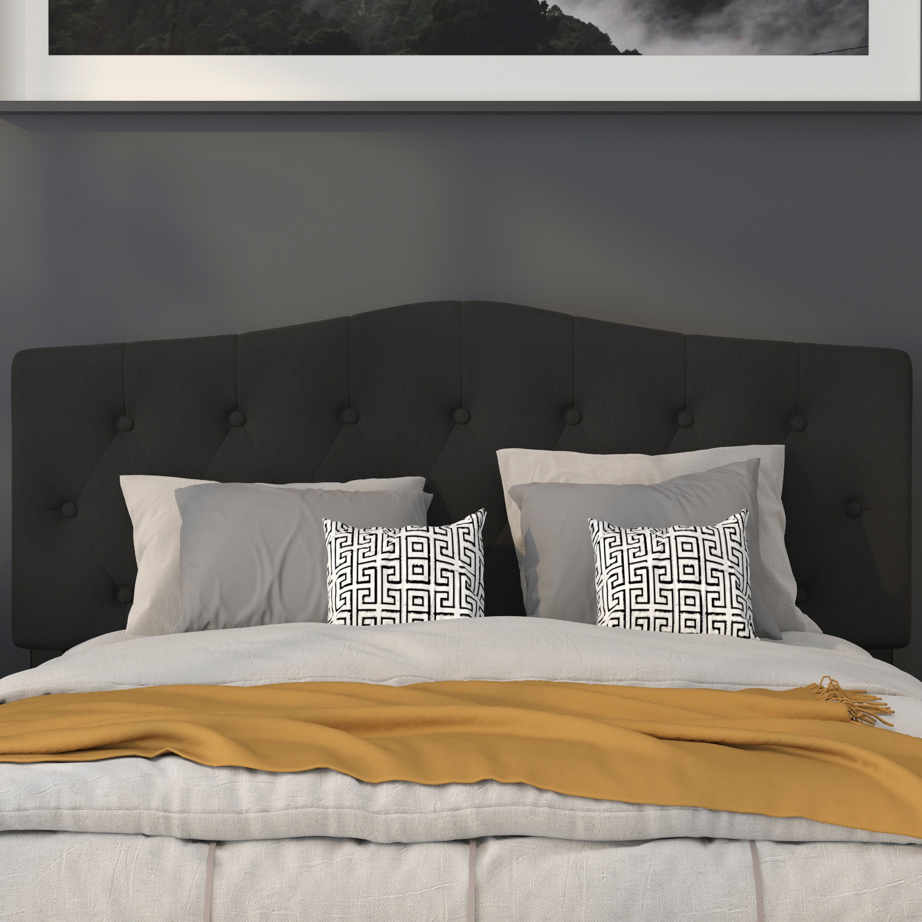 Cambridge Tufted Upholstered Queen Size Headboard in Black Fabric