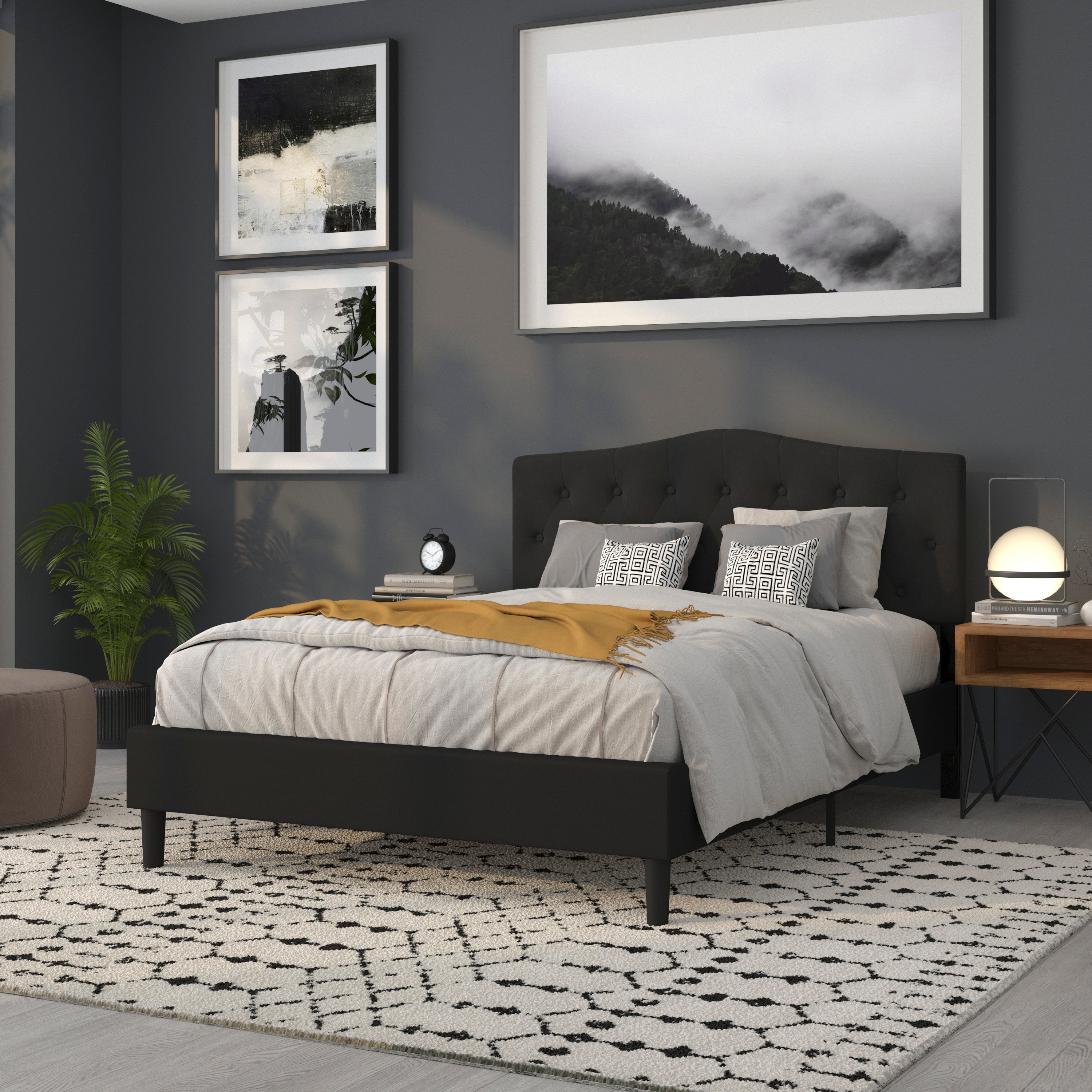 Cambridge Tufted Upholstered Queen Size Headboard in Black Fabric