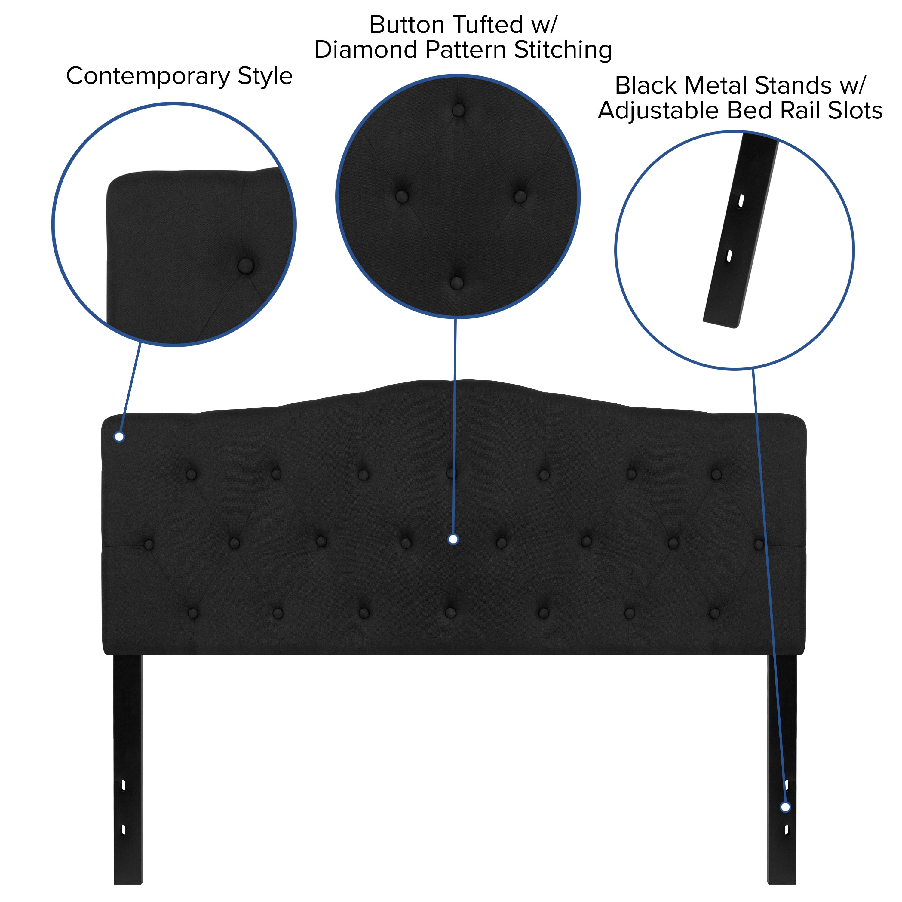 Cambridge Tufted Upholstered Queen Size Headboard in Black Fabric
