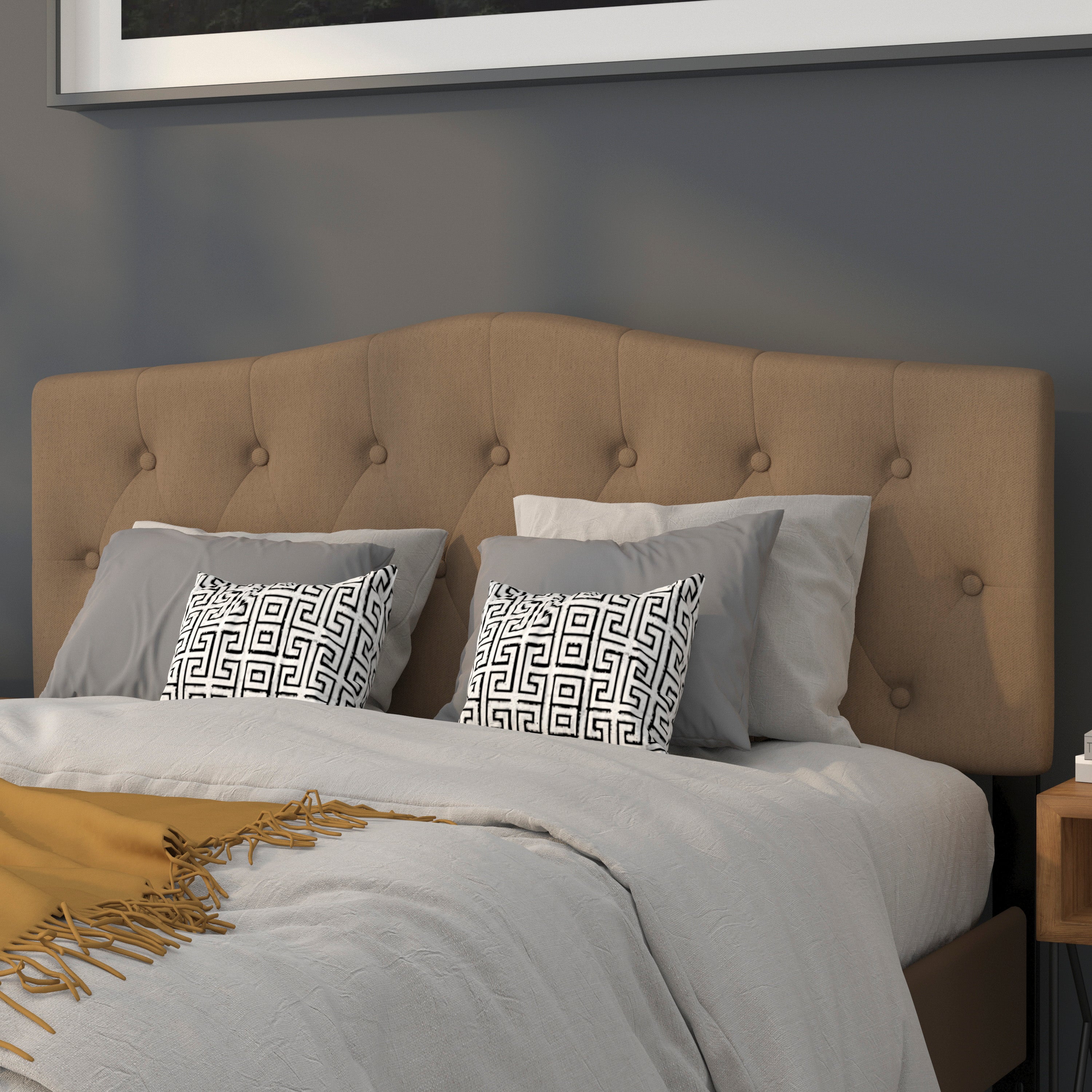 Cambridge Tufted Upholstered Queen Size Headboard in Dark Brown Fabric