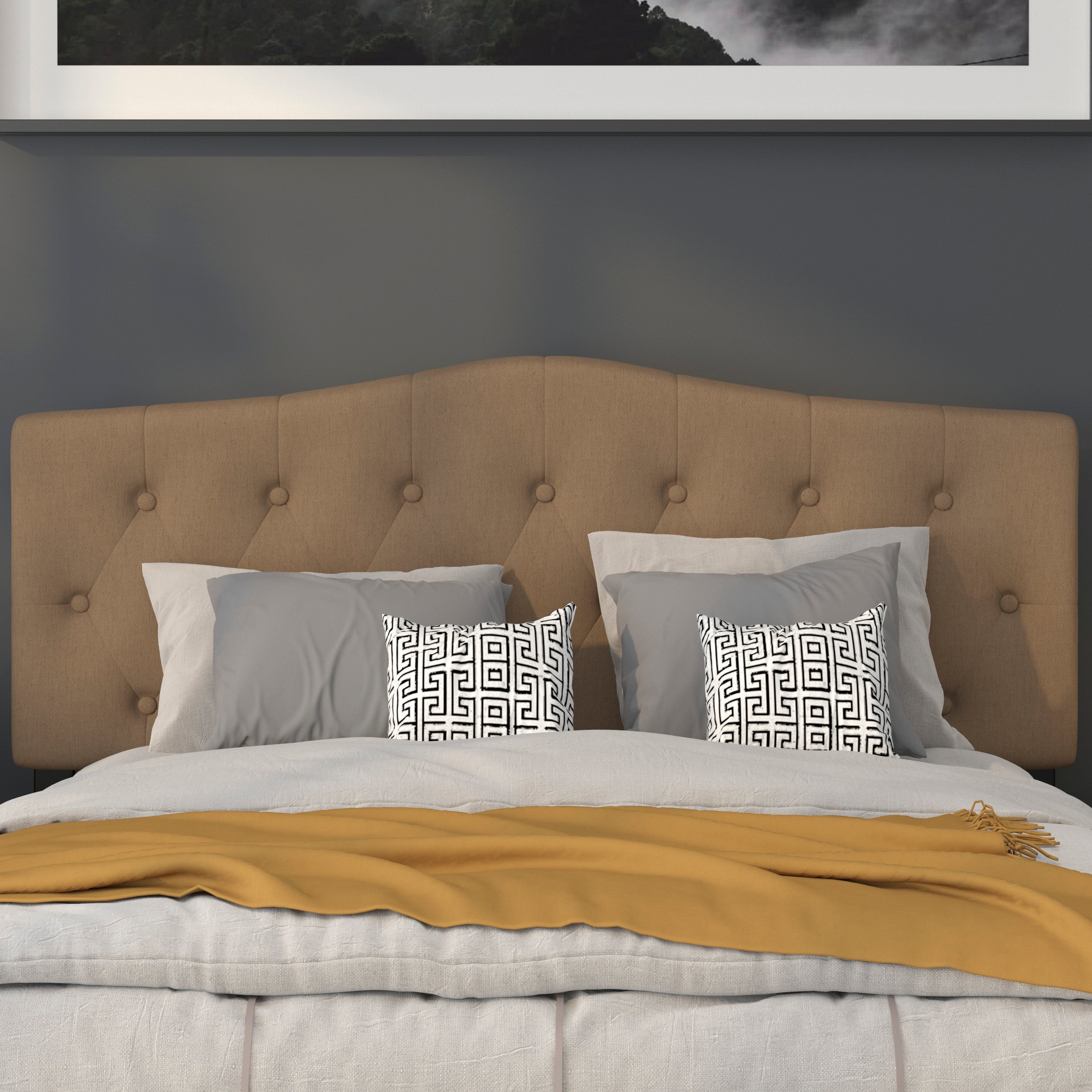 Cambridge Tufted Upholstered Queen Size Headboard in Dark Brown Fabric