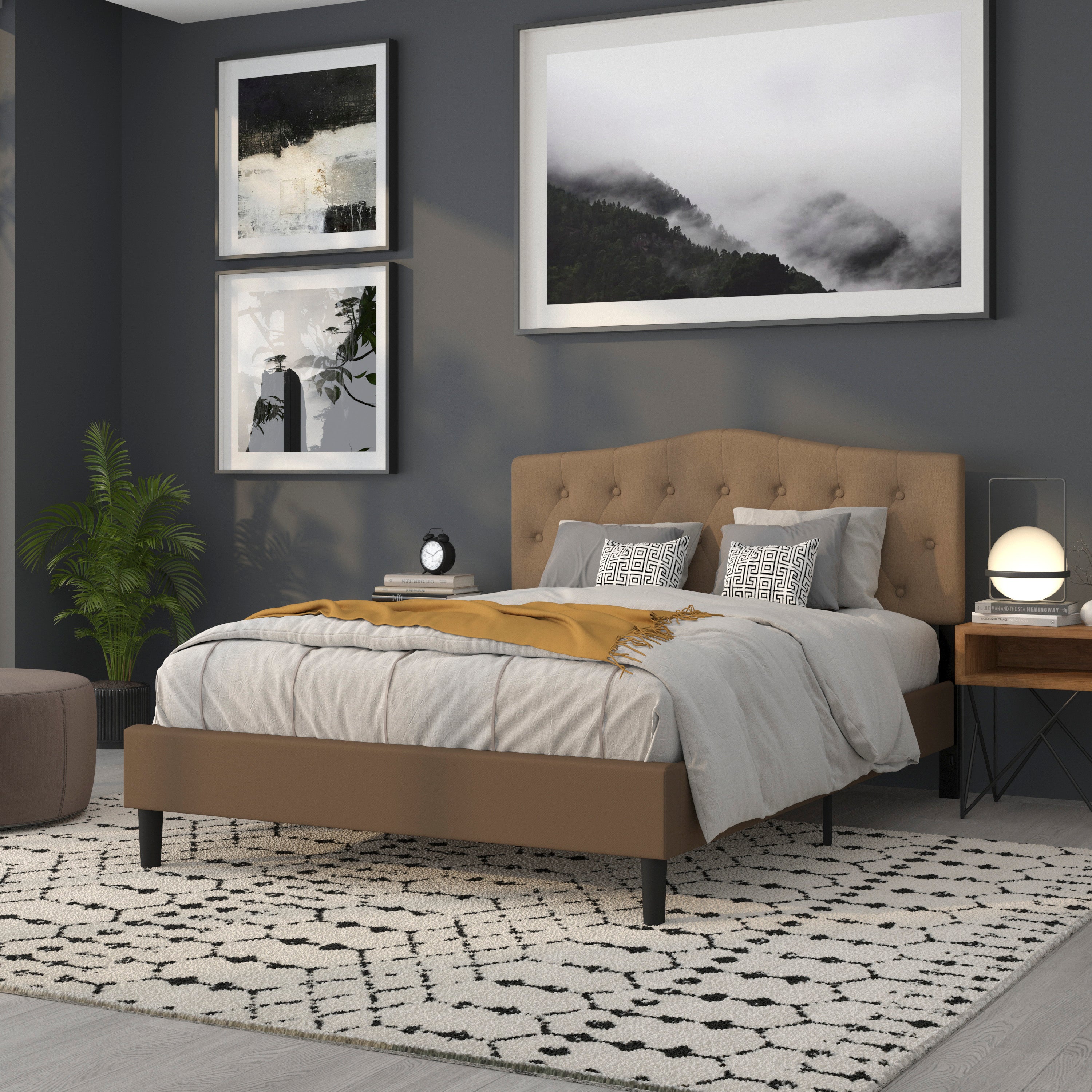 Cambridge Tufted Upholstered Queen Size Headboard in Dark Brown Fabric