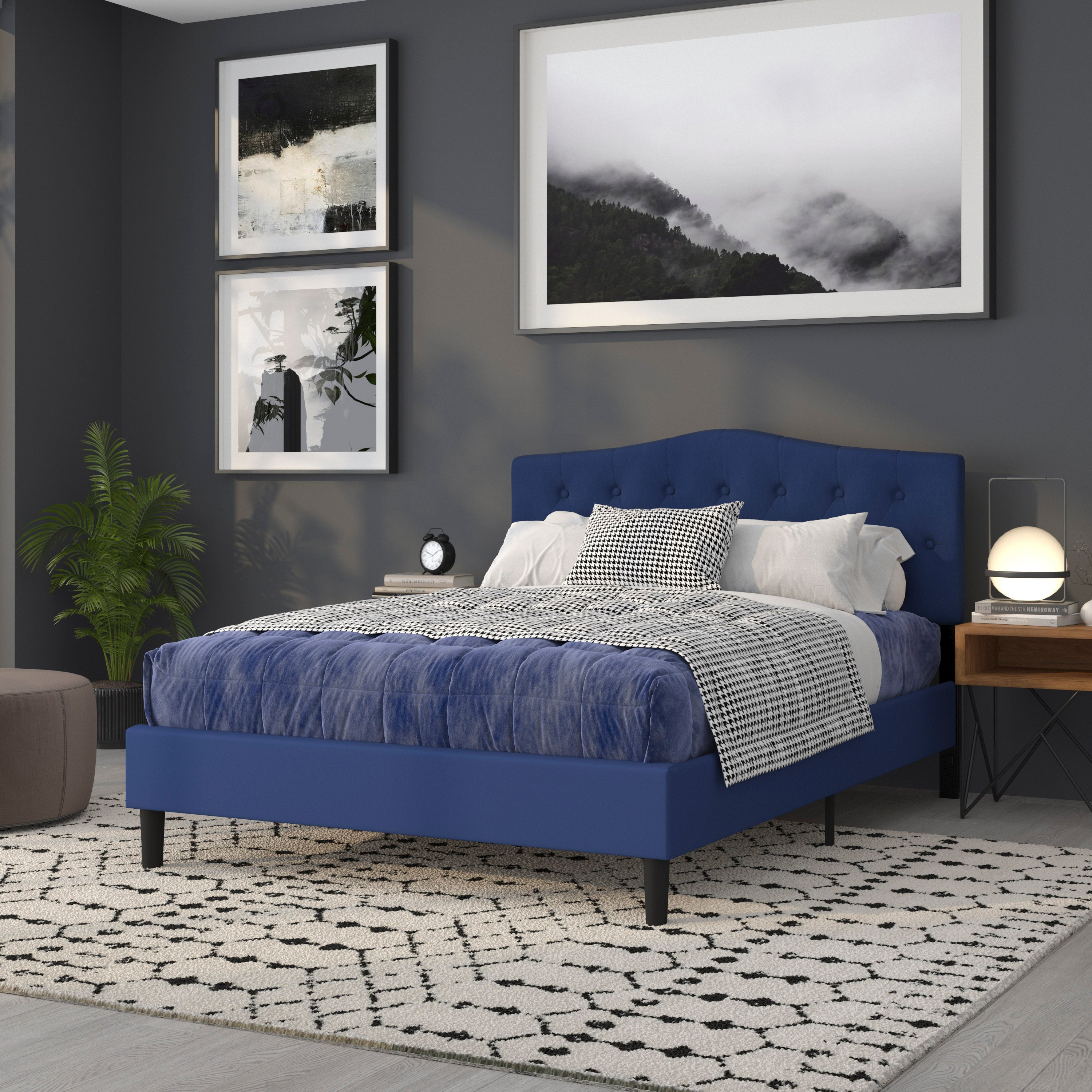 Cambridge Tufted Upholstered Queen Size Headboard in Navy Fabric