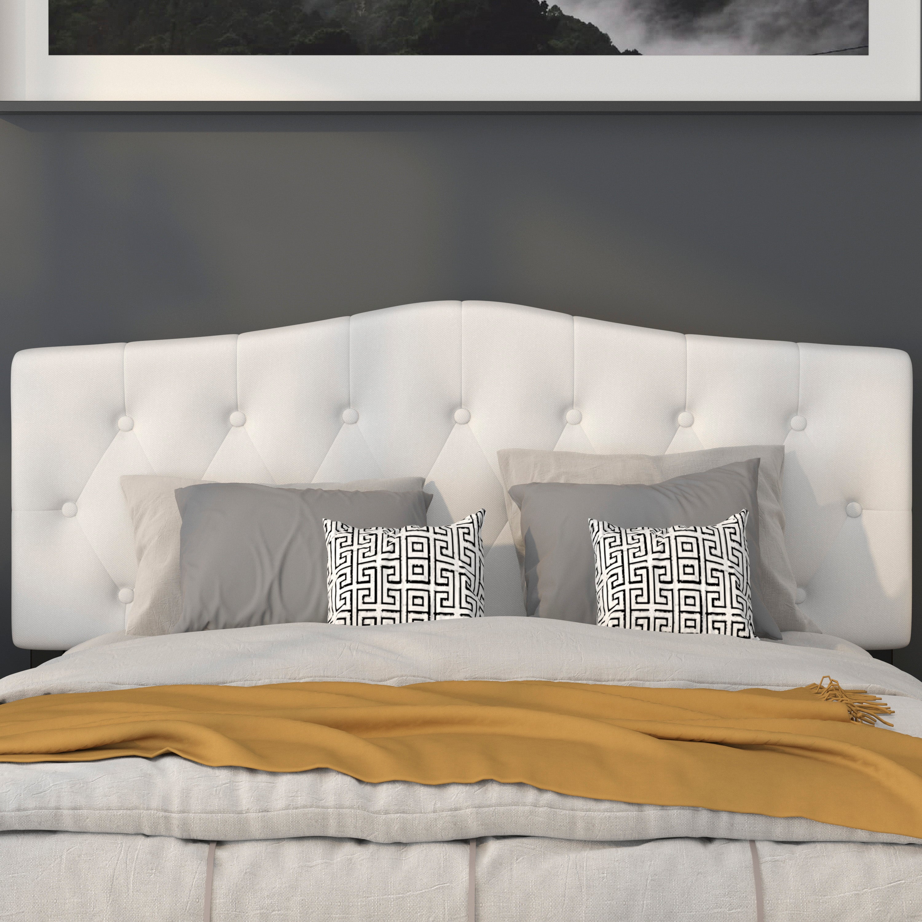 Cambridge Tufted Upholstered Queen Size Headboard in White Fabric
