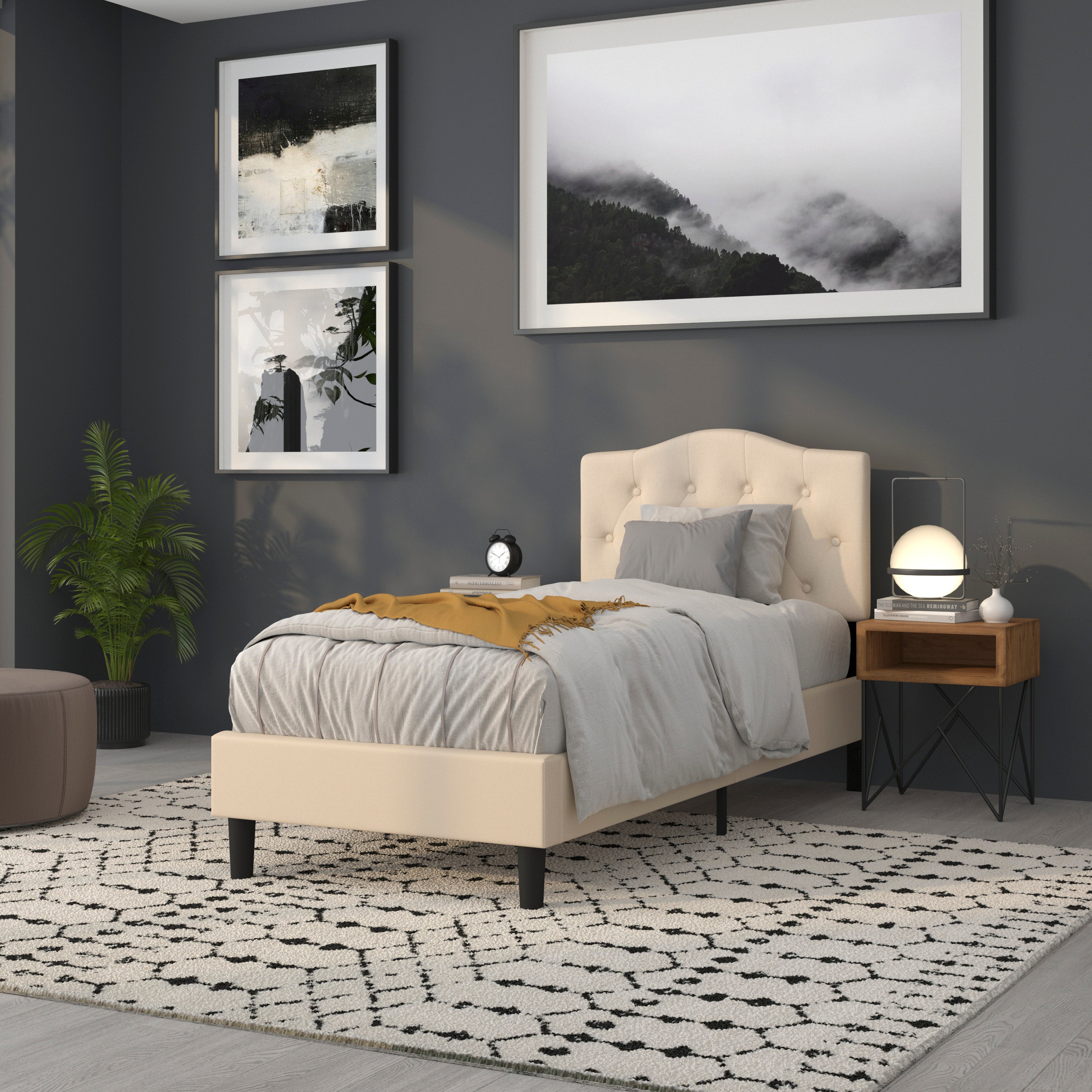 Cambridge Tufted Upholstered Twin Size Headboard in Beige Fabric