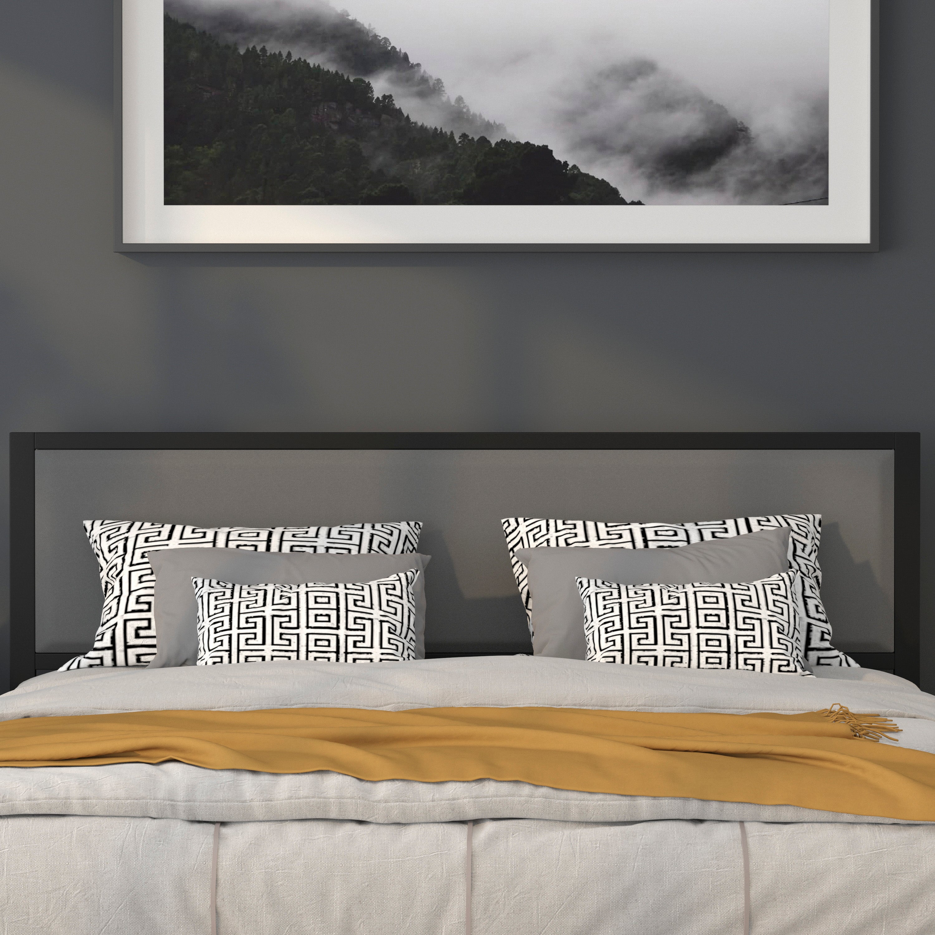 Melbourne Metal Upholstered King Size Headboard in Dark Gray Fabric