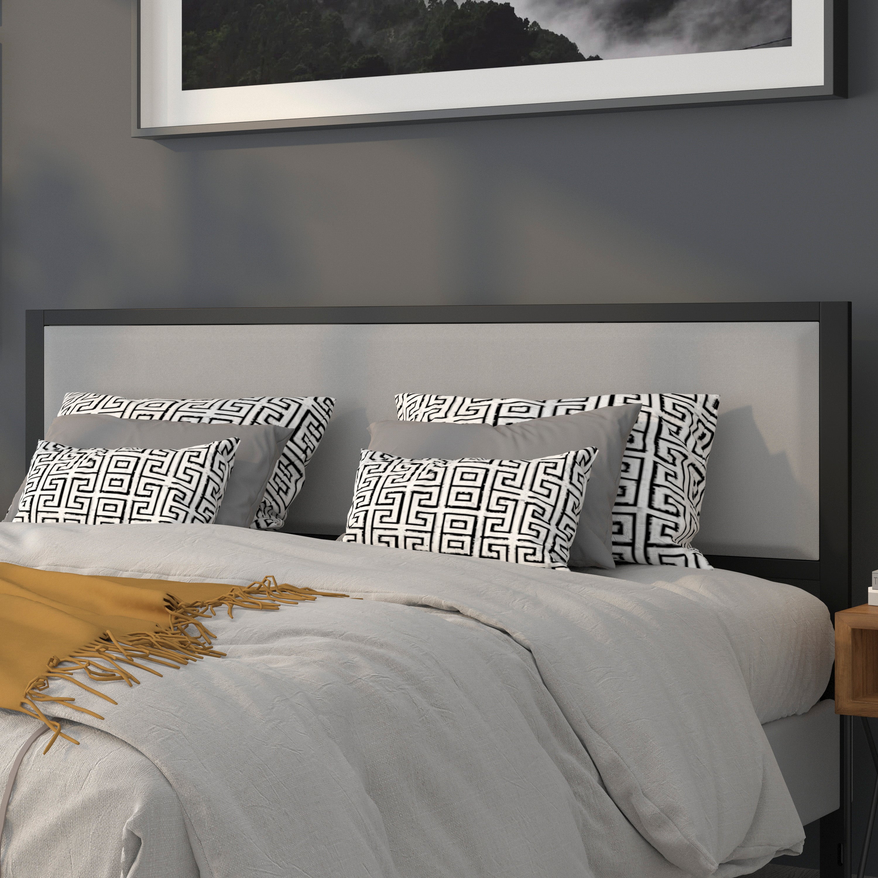 Melbourne Metal Upholstered King Size Headboard in Light Gray Fabric