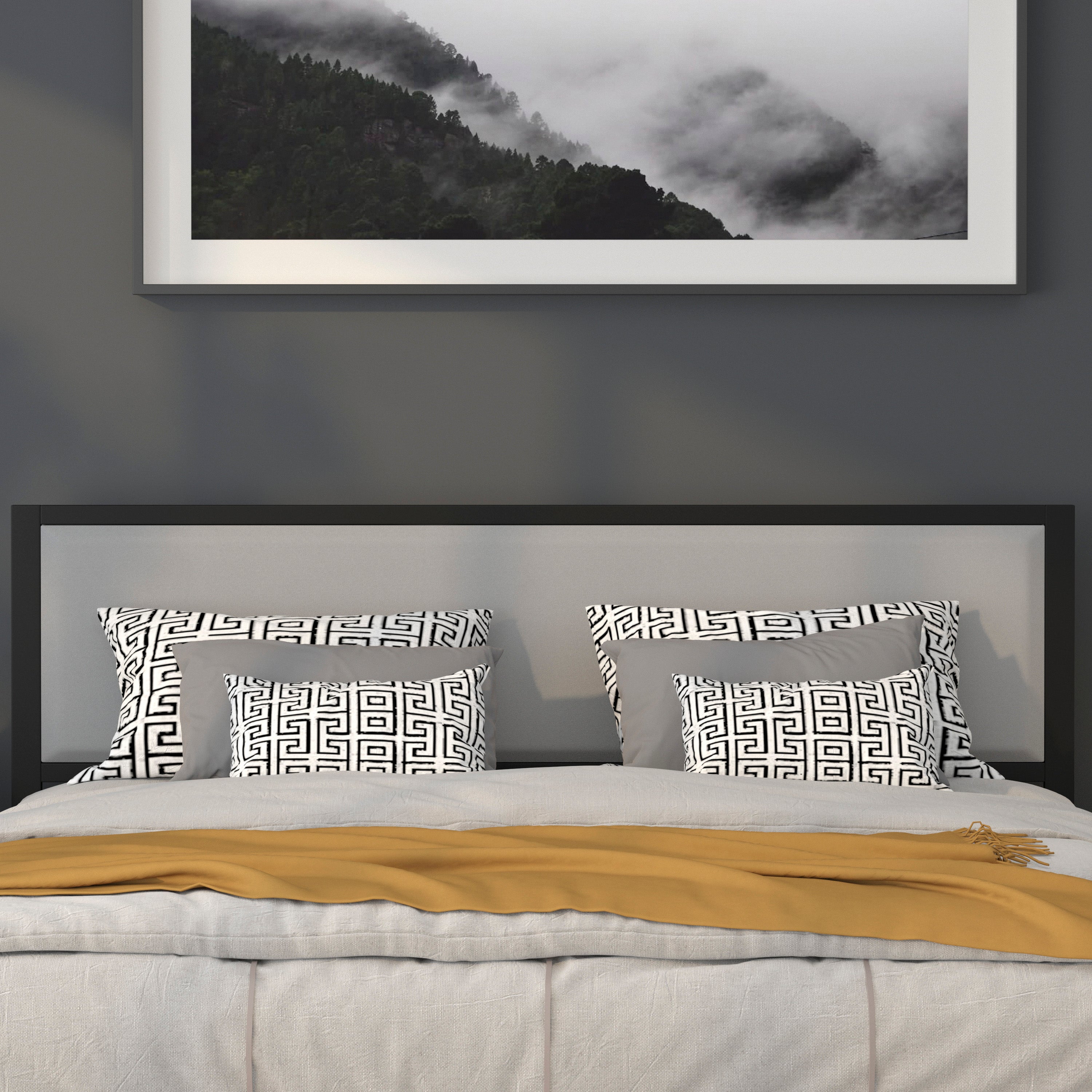 Melbourne Metal Upholstered King Size Headboard in Light Gray Fabric