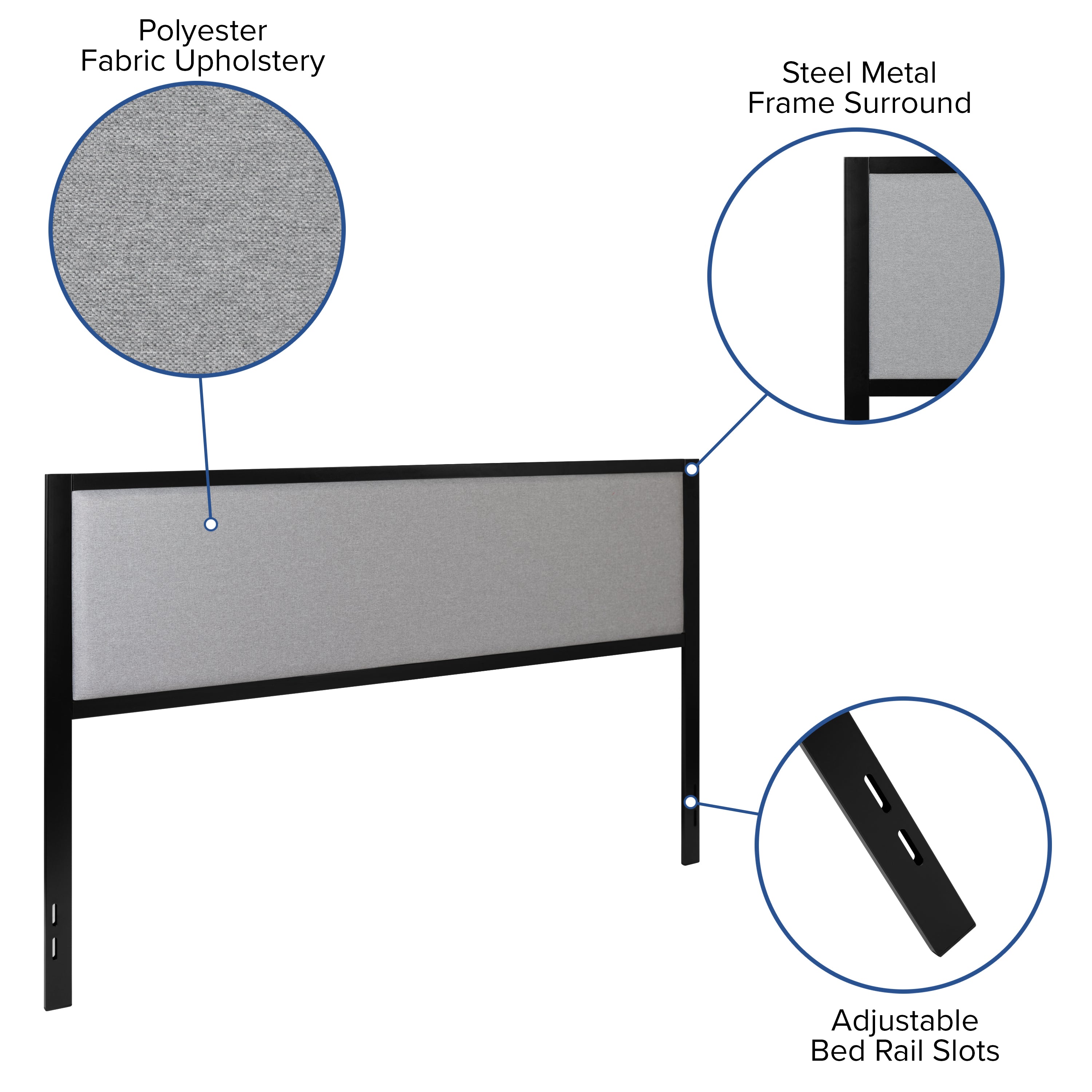 Melbourne Metal Upholstered King Size Headboard in Light Gray Fabric