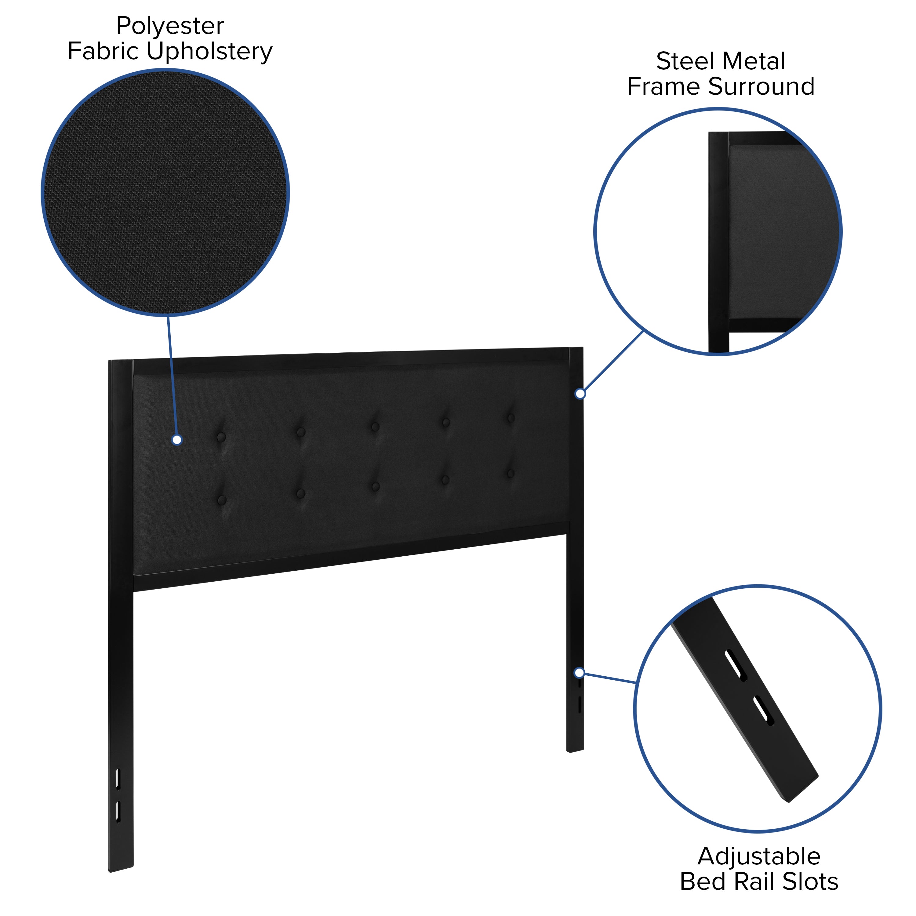 Bristol Metal Tufted Upholstered Queen Size Headboard in Black Fabric