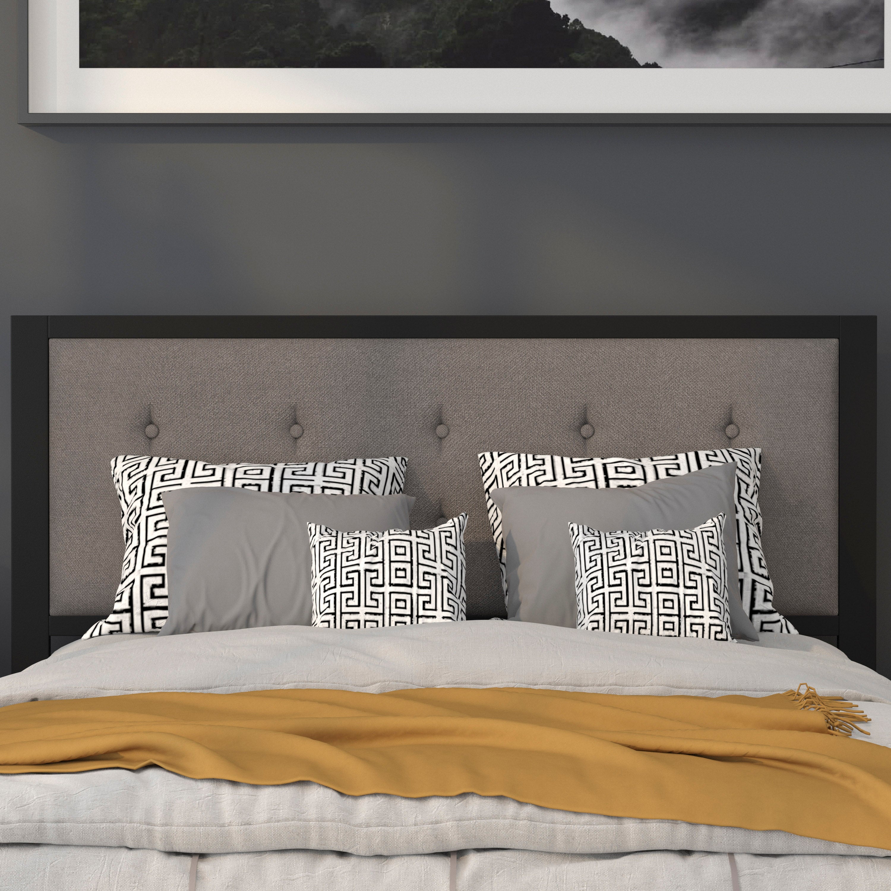 Bristol Metal Tufted Upholstered Queen Size Headboard in Dark Gray Fabric