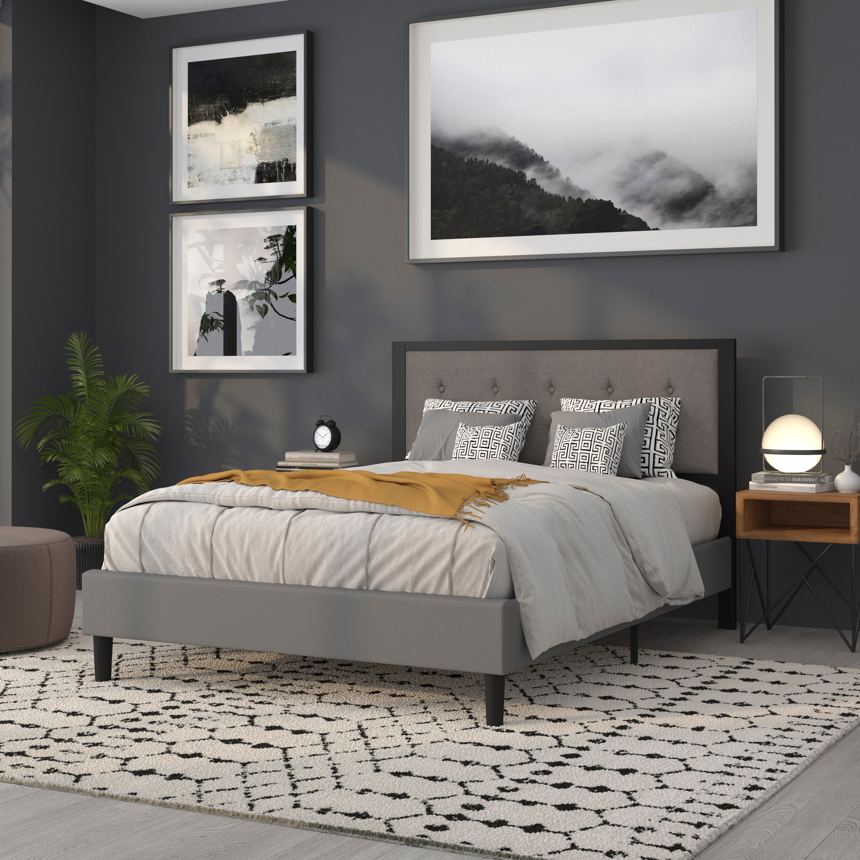 Bristol Metal Tufted Upholstered Queen Size Headboard in Dark Gray Fabric