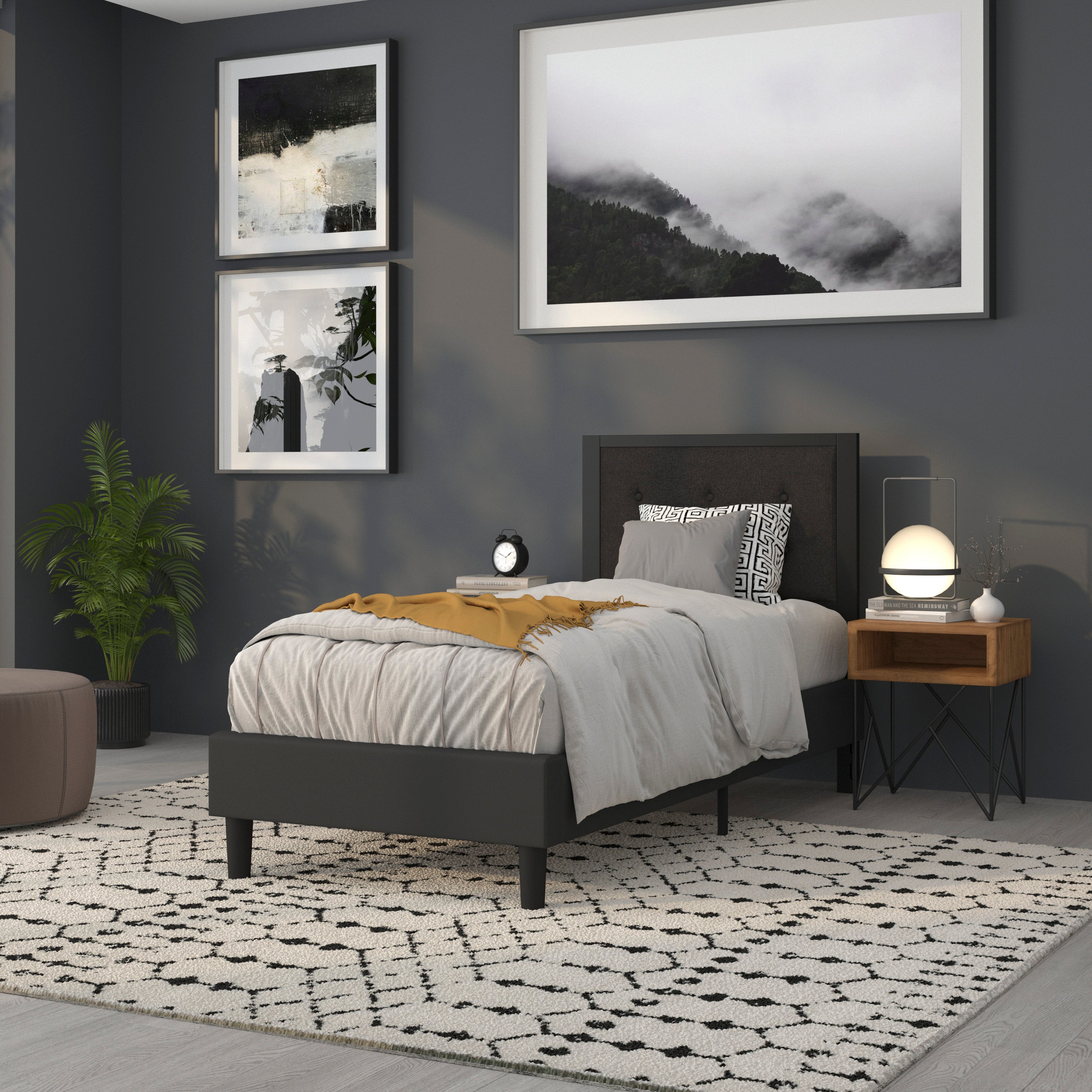 Bristol Metal Tufted Upholstered Twin Size Headboard in Black Fabric