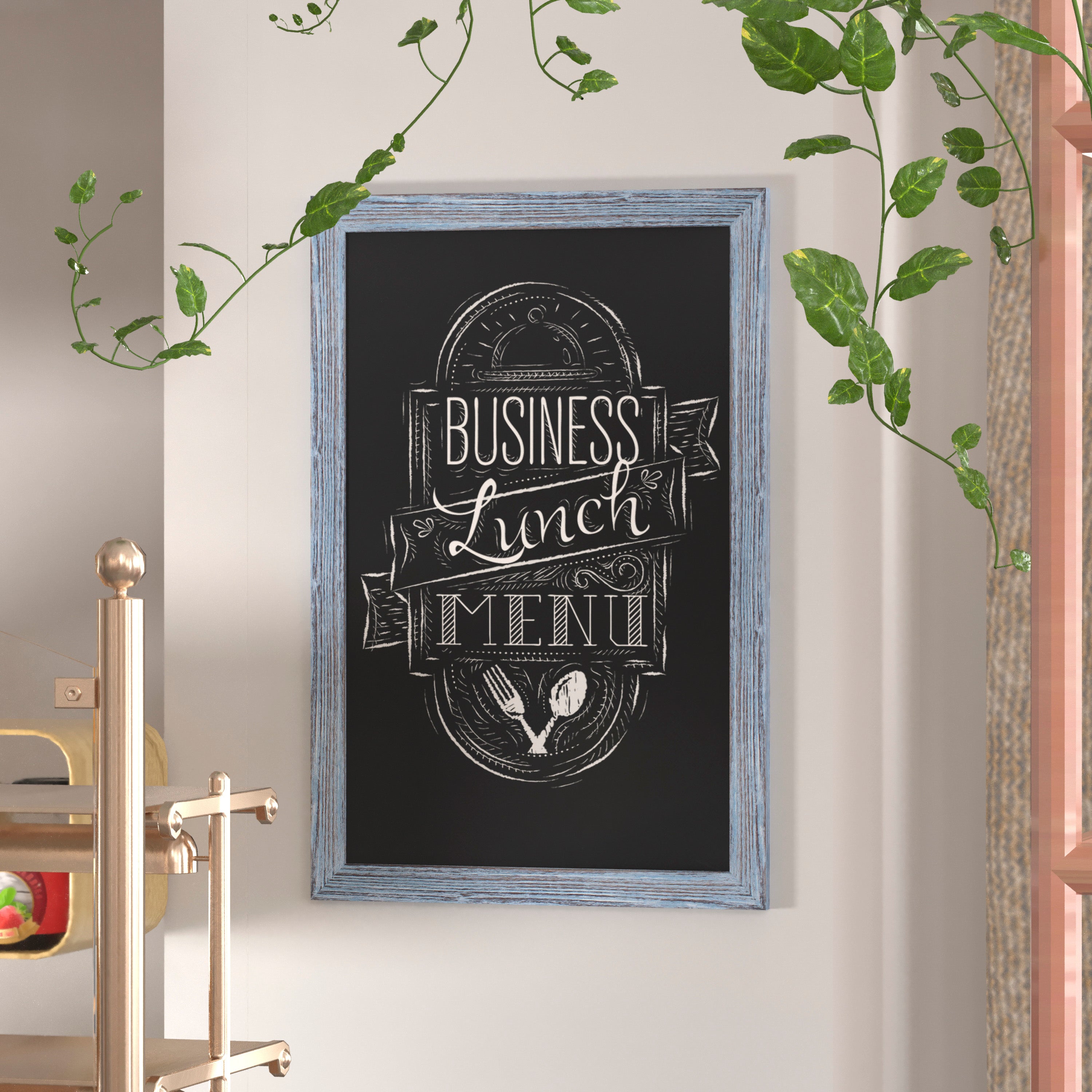 Canterbury 24" x 36" Rustic Blue Wall Mount Magnetic Chalkboard Sign with Eraser, Hanging Wall Chalkboard Memo Board for Home, School, or Business