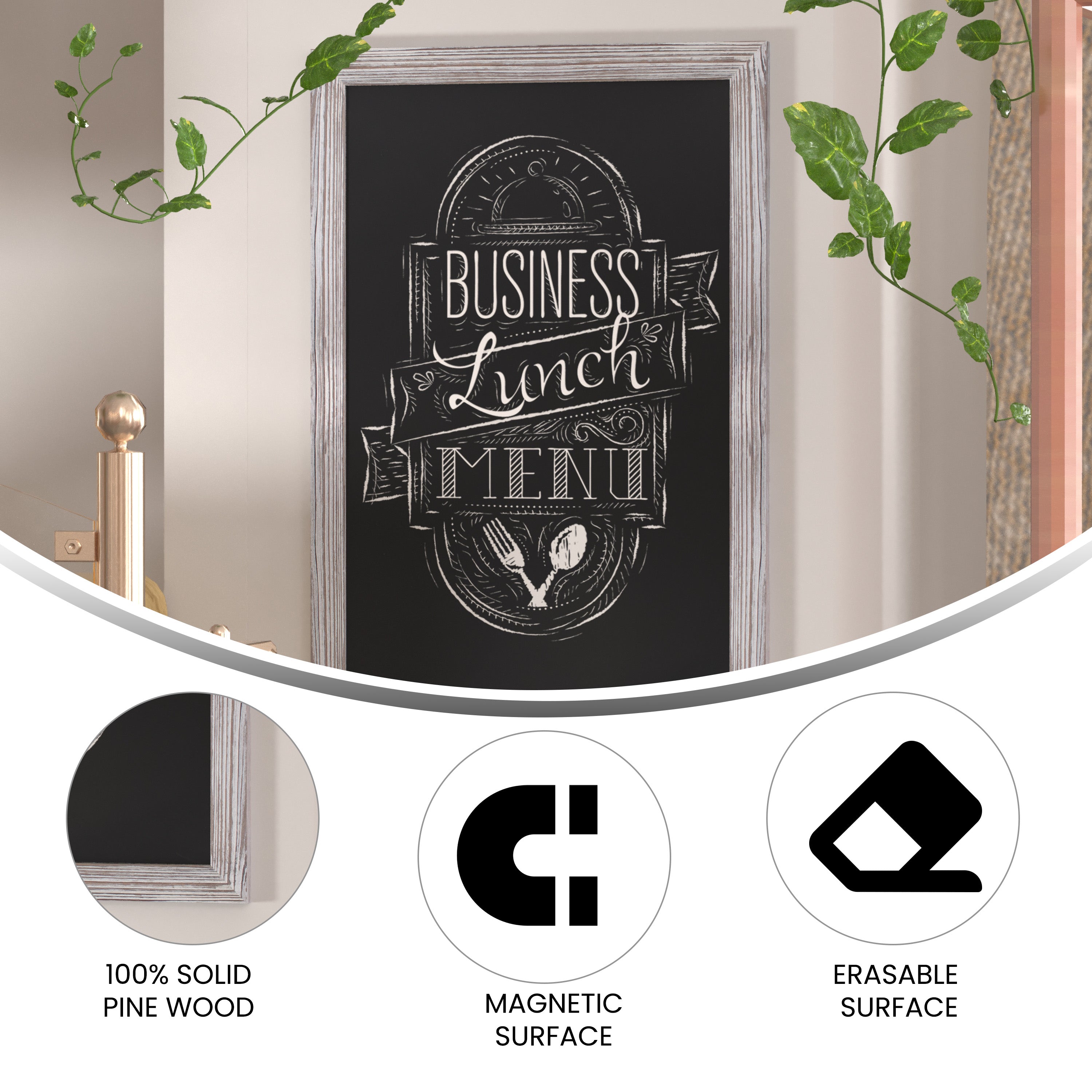 Canterbury 24" x 36" Whitewashed Wall Mount Magnetic Chalkboard Sign with Eraser, Hanging Wall Chalkboard Memo Board for Home, School, or Business
