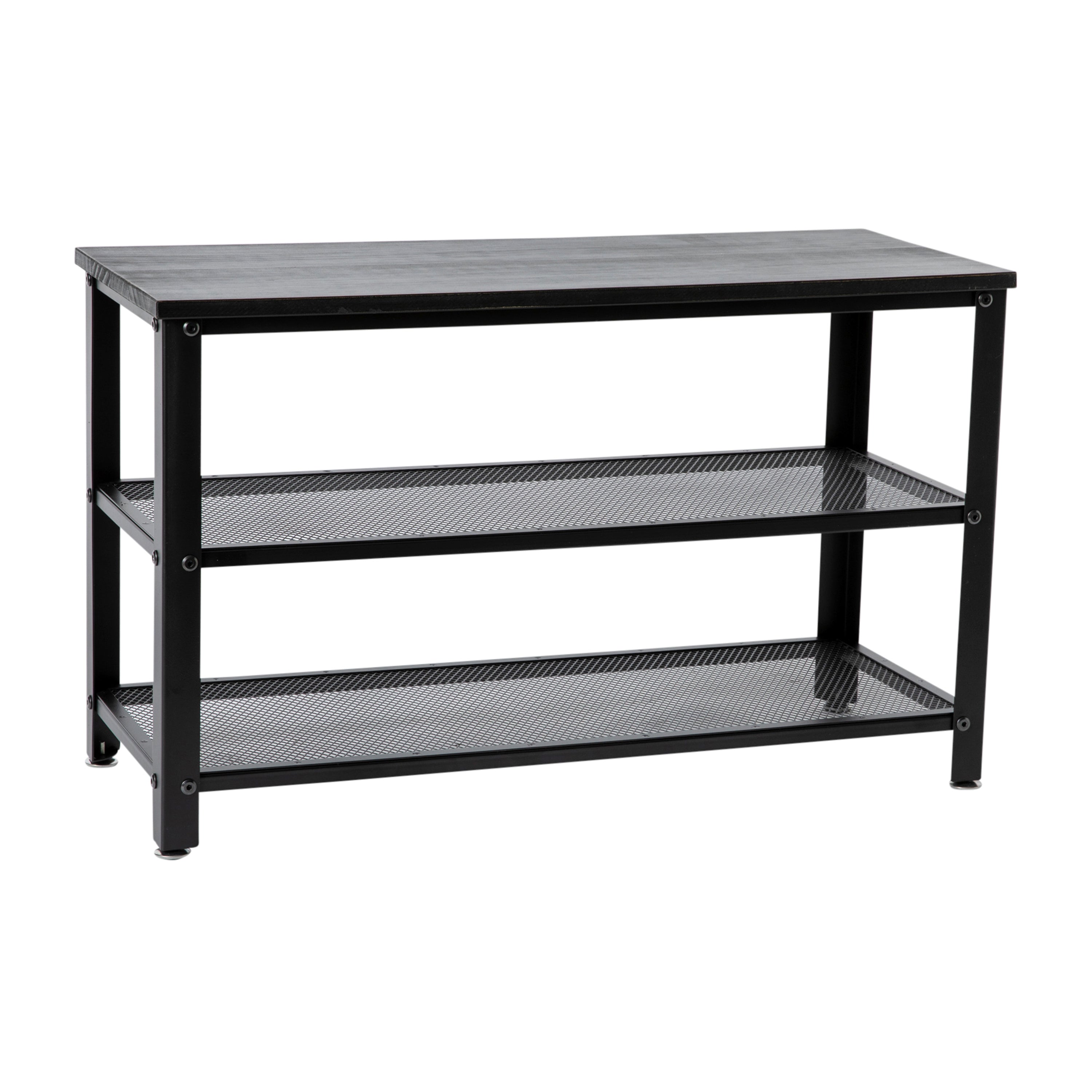 Easton 3-Tier Wooden Entryway Bench with Metal Mesh Shoe Storage Shelves for Entryway, Mudroom, or Bedroom in Blackwash with Black Metal Frame