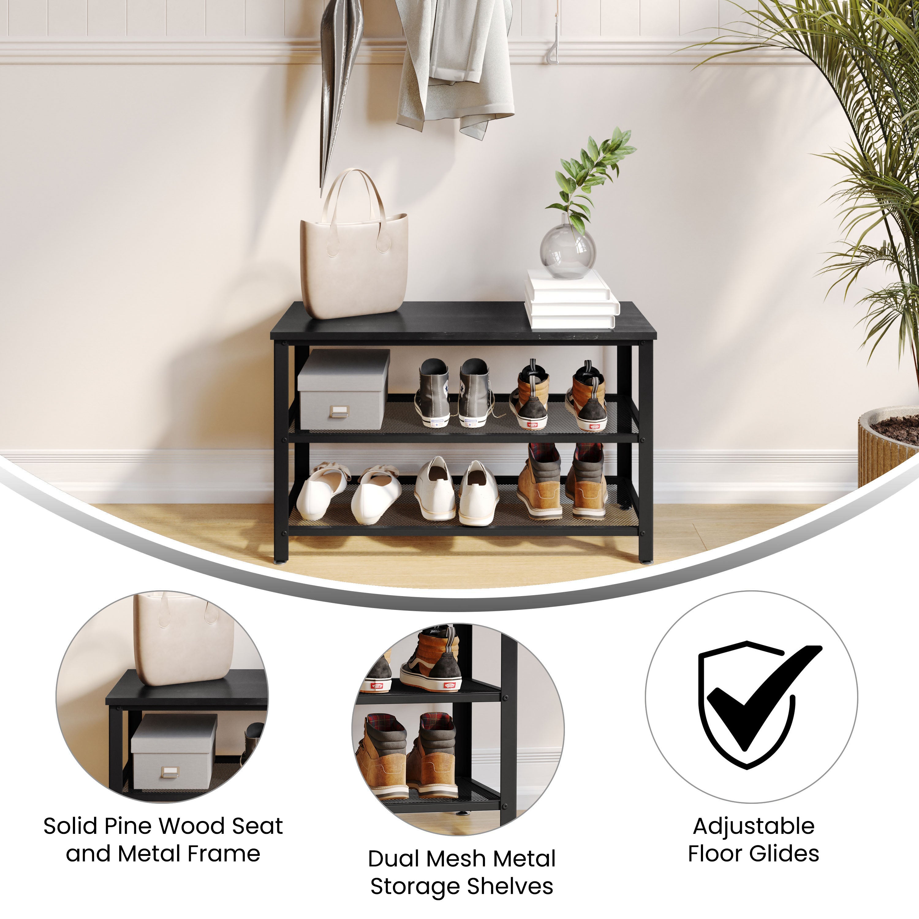 Easton 3-Tier Wooden Entryway Bench with Metal Mesh Shoe Storage Shelves for Entryway, Mudroom, or Bedroom in Blackwash with Black Metal Frame