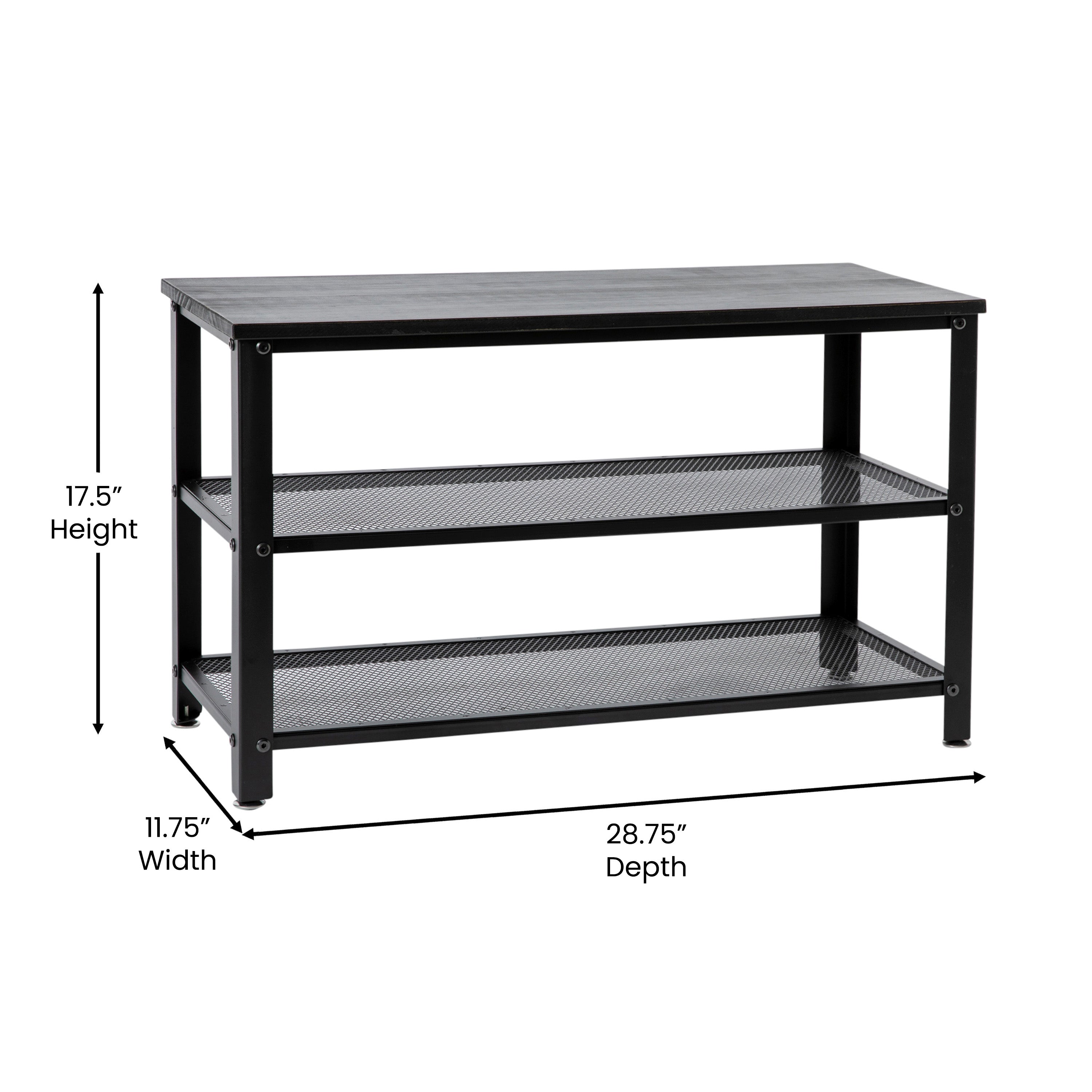 Easton 3-Tier Wooden Entryway Bench with Metal Mesh Shoe Storage Shelves for Entryway, Mudroom, or Bedroom in Blackwash with Black Metal Frame