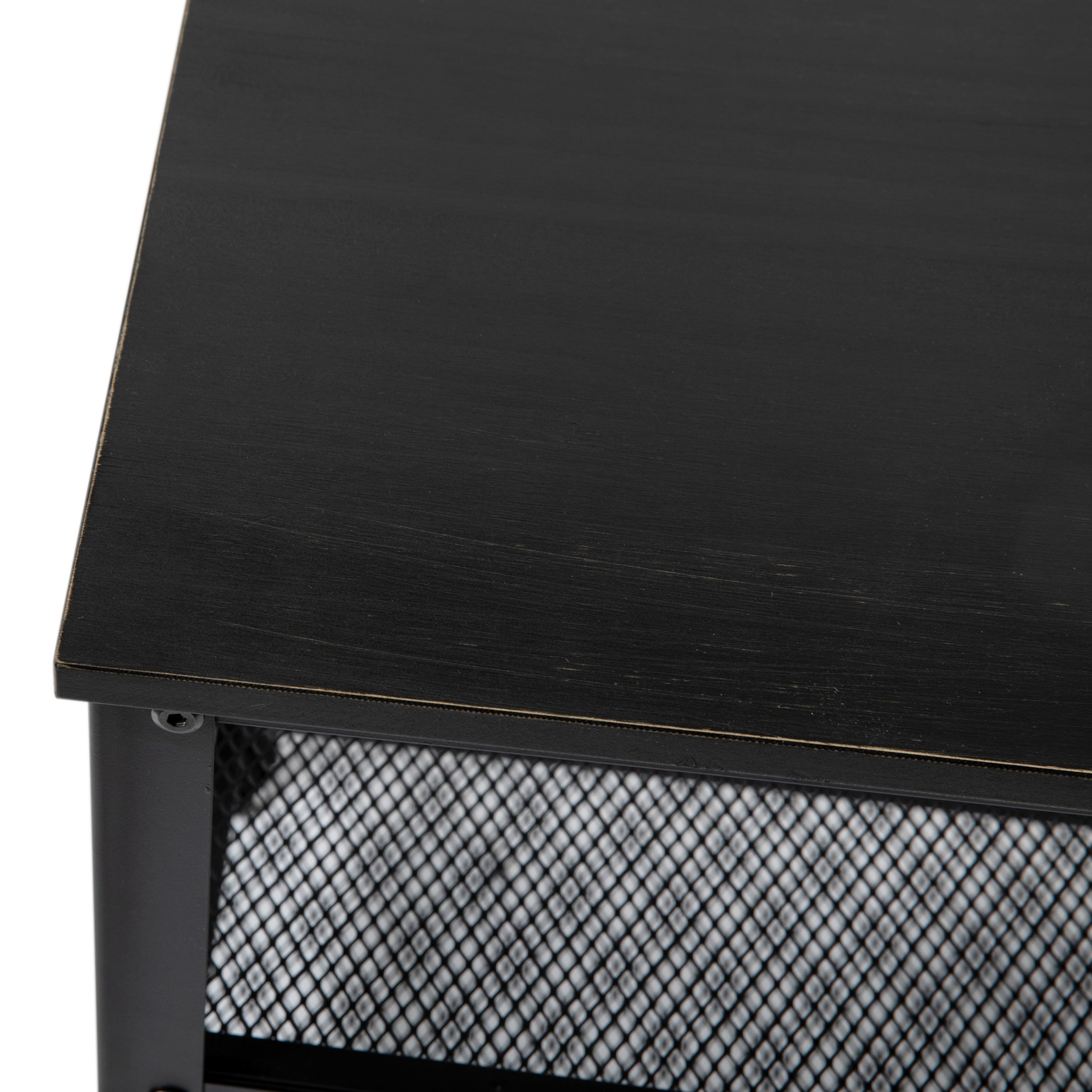Easton 3-Tier Wooden Entryway Bench with Metal Mesh Shoe Storage Shelves for Entryway, Mudroom, or Bedroom in Blackwash with Black Metal Frame