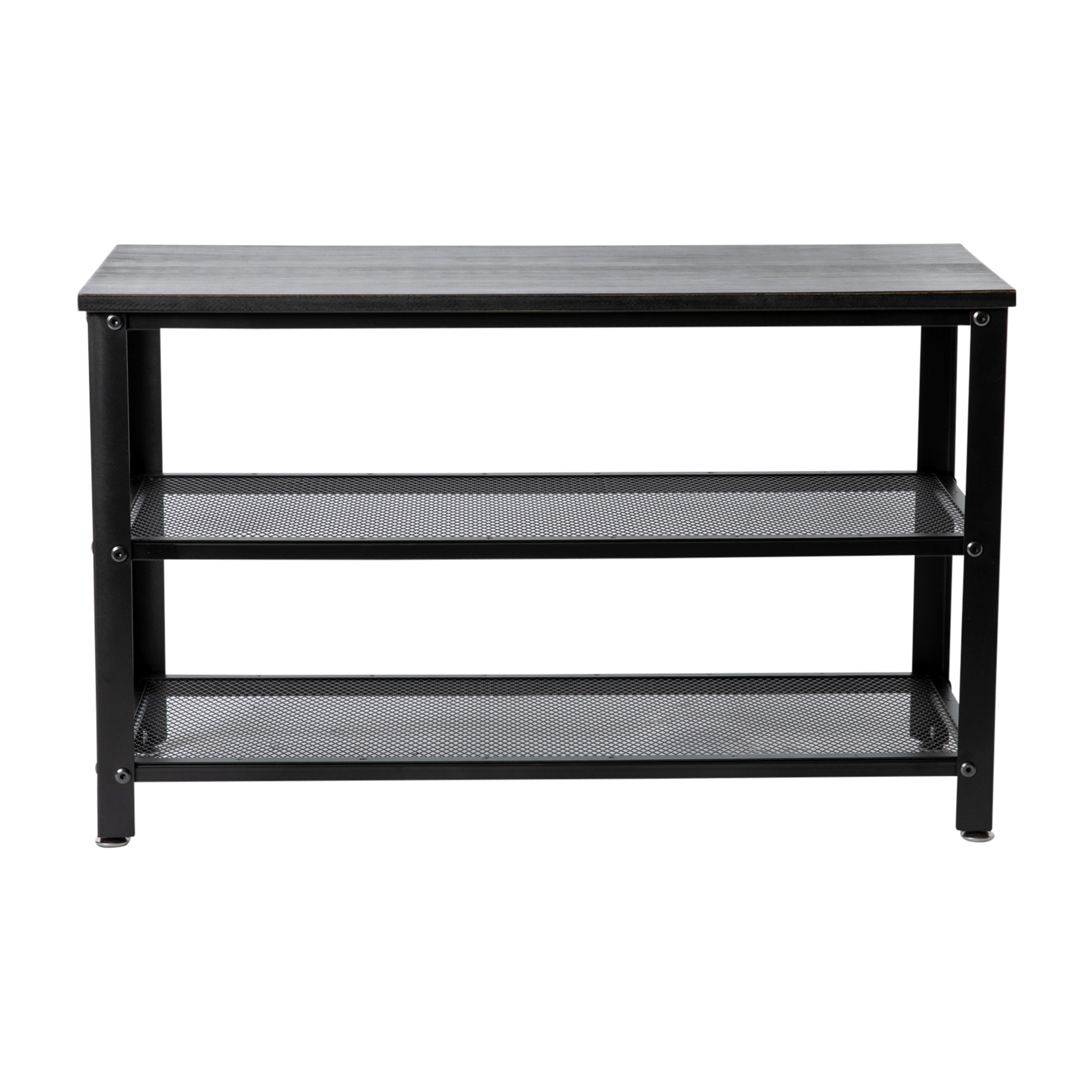Easton 3-Tier Wooden Entryway Bench with Metal Mesh Shoe Storage Shelves for Entryway, Mudroom, or Bedroom in Blackwash with Black Metal Frame