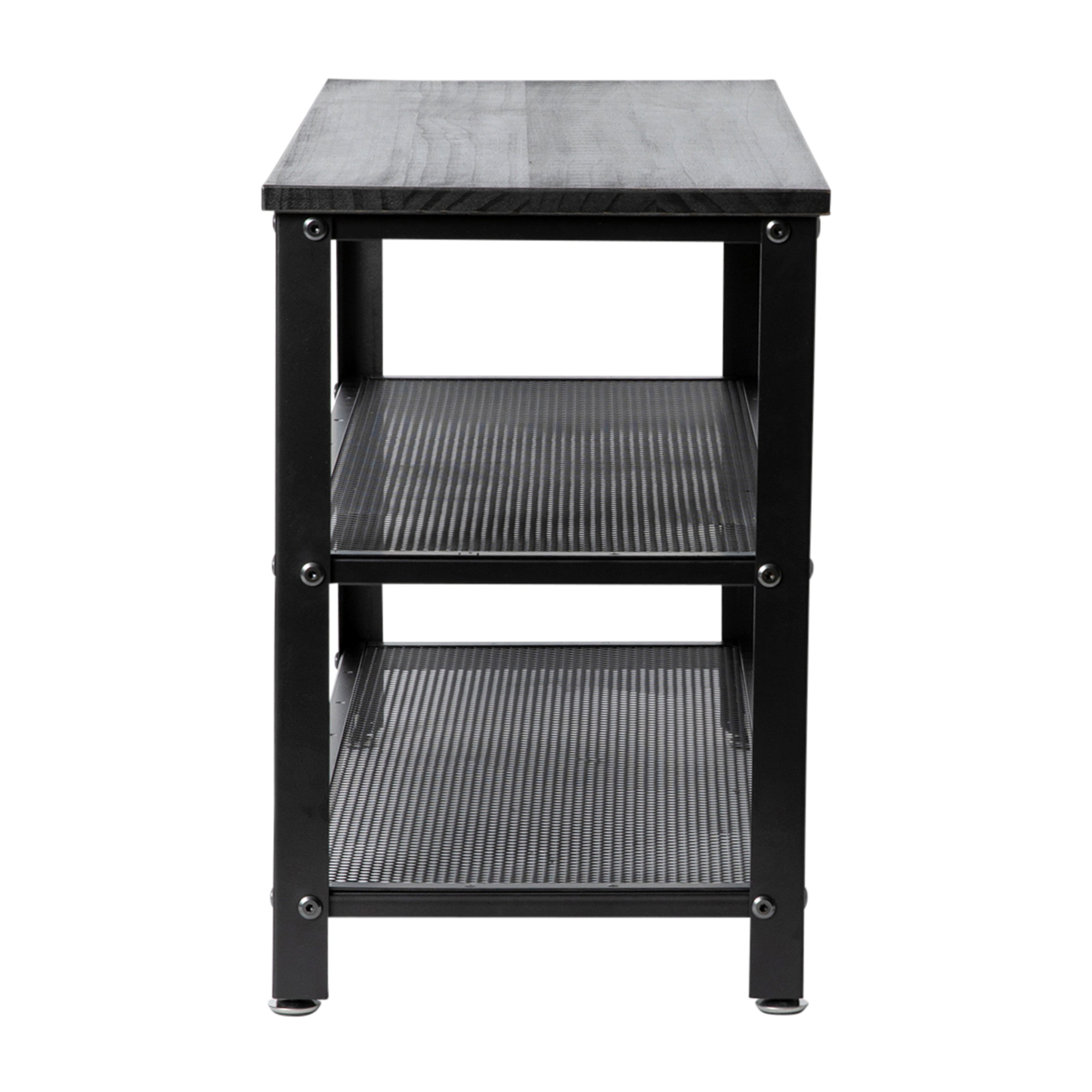 Easton 3-Tier Wooden Entryway Bench with Metal Mesh Shoe Storage Shelves for Entryway, Mudroom, or Bedroom in Blackwash with Black Metal Frame