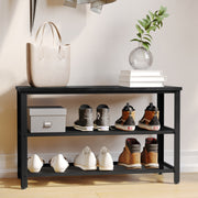 Easton 3-Tier Wooden Entryway Bench with Metal Mesh Shoe Storage Shelves for Entryway, Mudroom, or Bedroom in Blackwash with Black Metal Frame