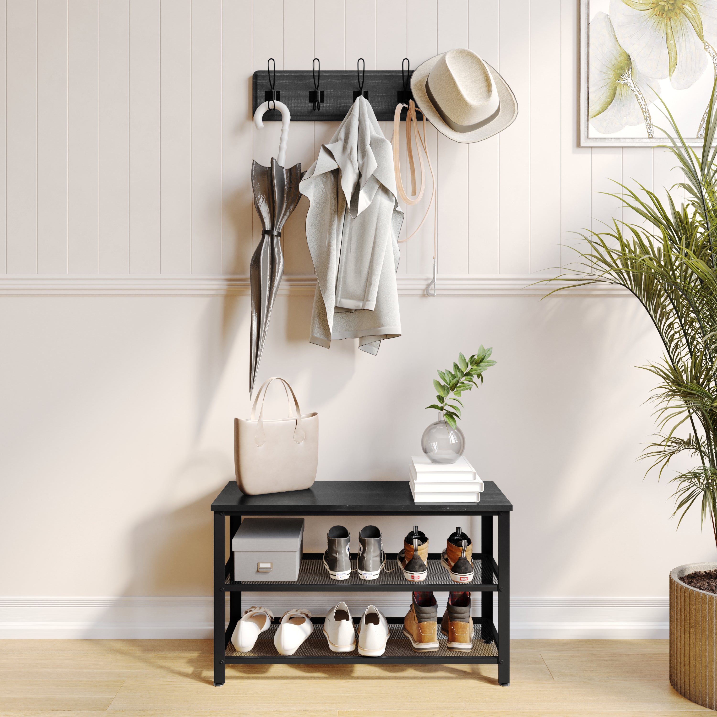 Easton 3-Tier Wooden Entryway Bench with Metal Mesh Shoe Storage Shelves for Entryway, Mudroom, or Bedroom in Blackwash with Black Metal Frame