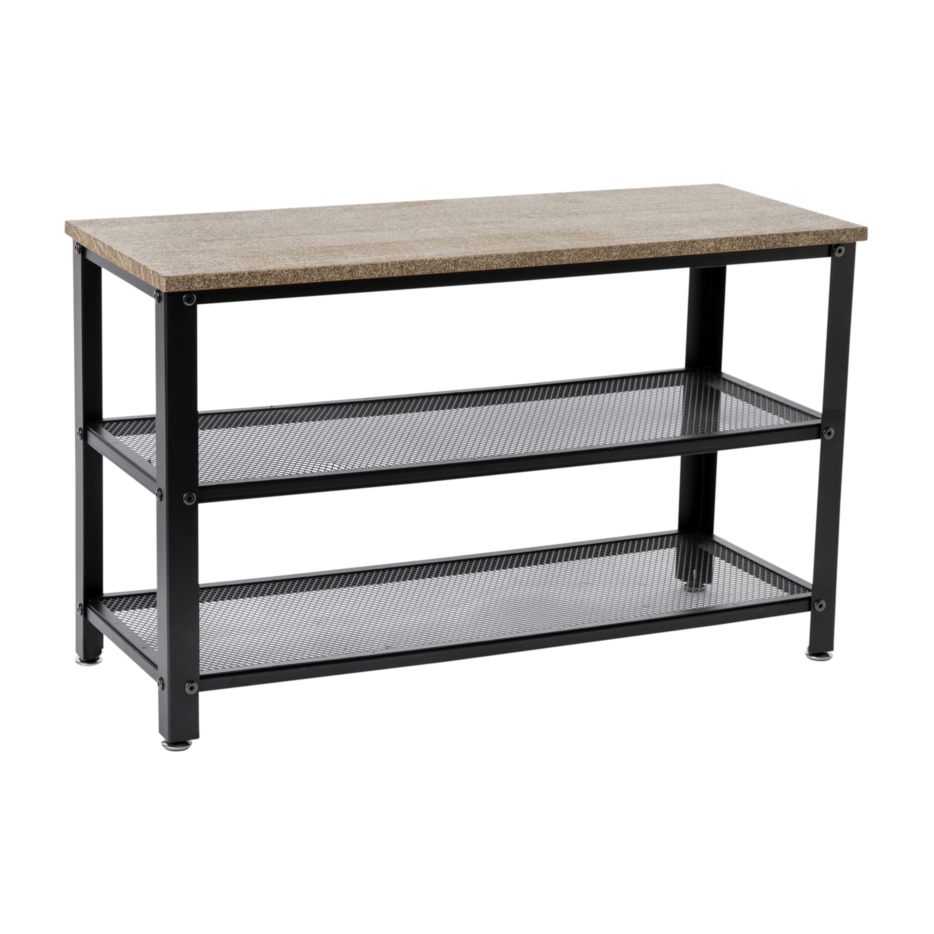 Easton 3-Tier Wooden Entryway Bench with Metal Mesh Shoe Storage Shelves for Entryway, Mudroom, or Bedroom in Weathered Wood with Black Metal Frame
