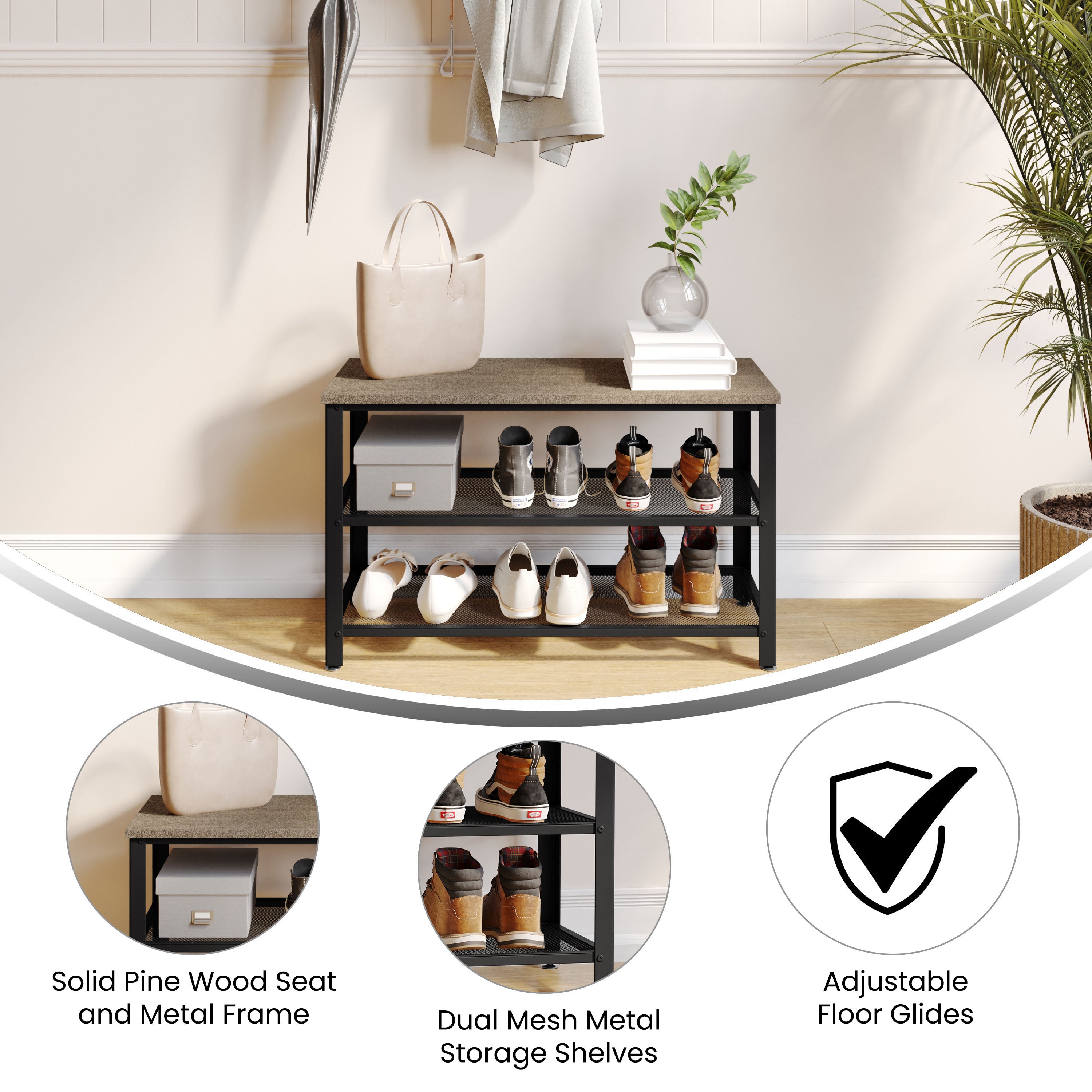 Easton 3-Tier Wooden Entryway Bench with Metal Mesh Shoe Storage Shelves for Entryway, Mudroom, or Bedroom in Weathered Wood with Black Metal Frame
