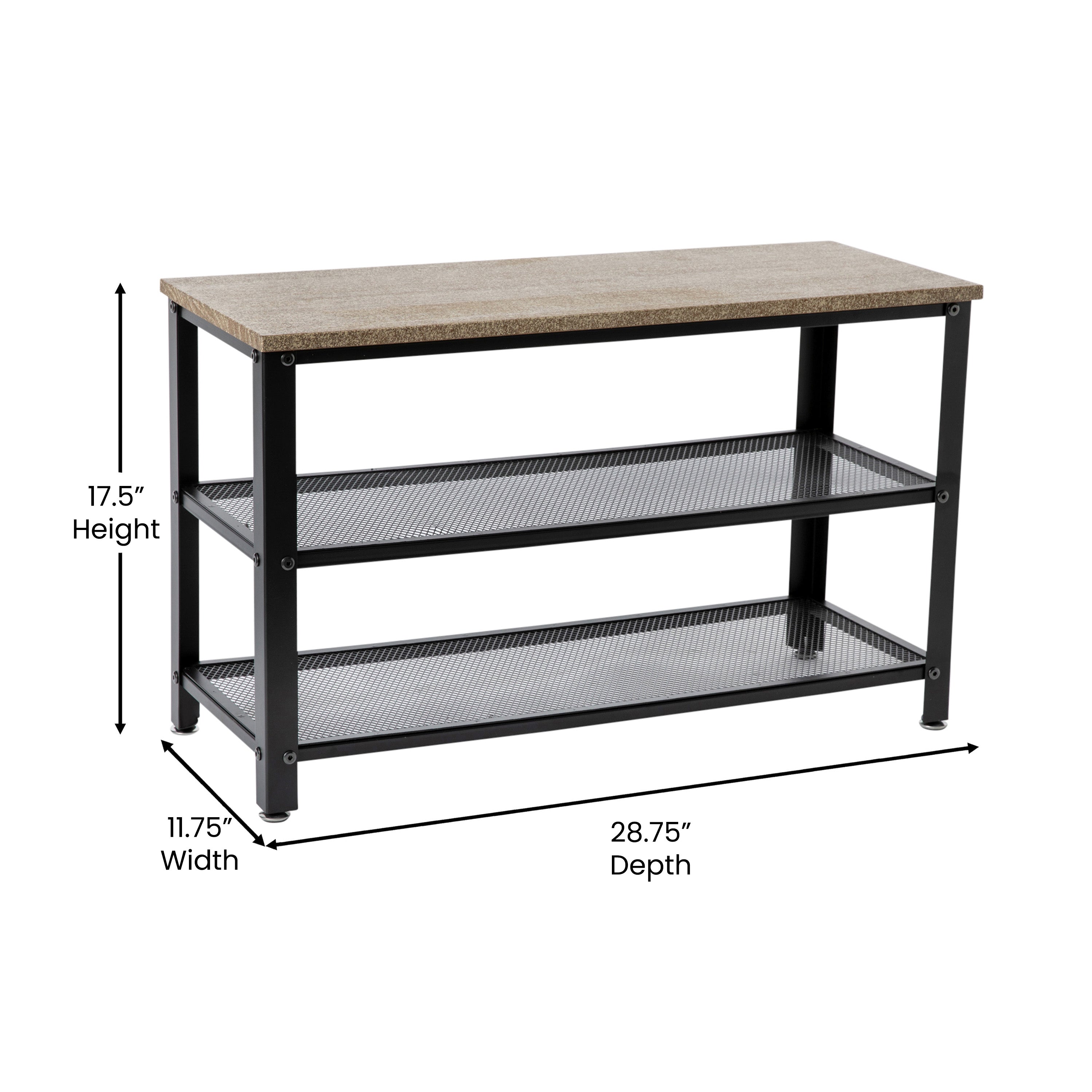 Easton 3-Tier Wooden Entryway Bench with Metal Mesh Shoe Storage Shelves for Entryway, Mudroom, or Bedroom in Weathered Wood with Black Metal Frame