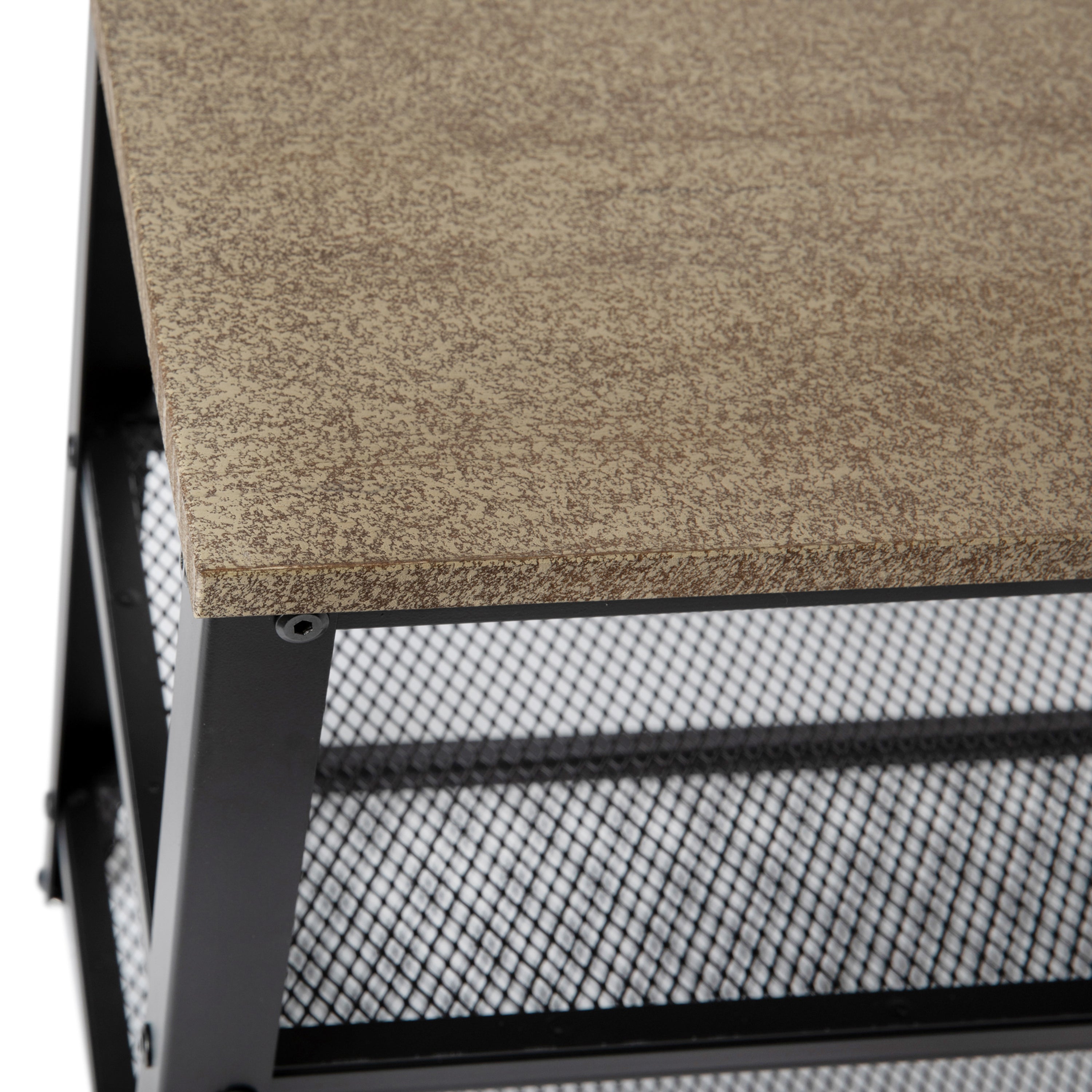 Easton 3-Tier Wooden Entryway Bench with Metal Mesh Shoe Storage Shelves for Entryway, Mudroom, or Bedroom in Weathered Wood with Black Metal Frame