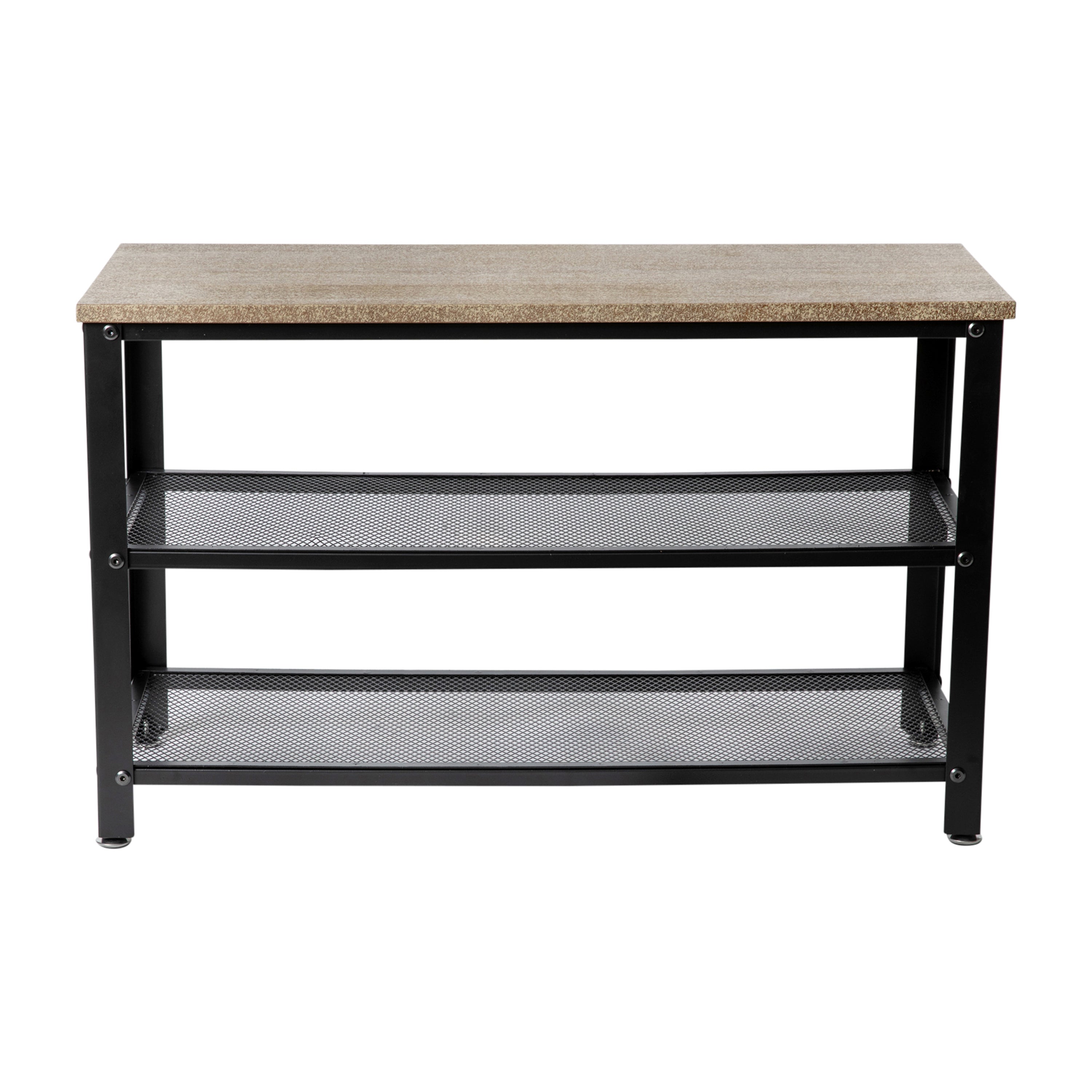 Easton 3-Tier Wooden Entryway Bench with Metal Mesh Shoe Storage Shelves for Entryway, Mudroom, or Bedroom in Weathered Wood with Black Metal Frame