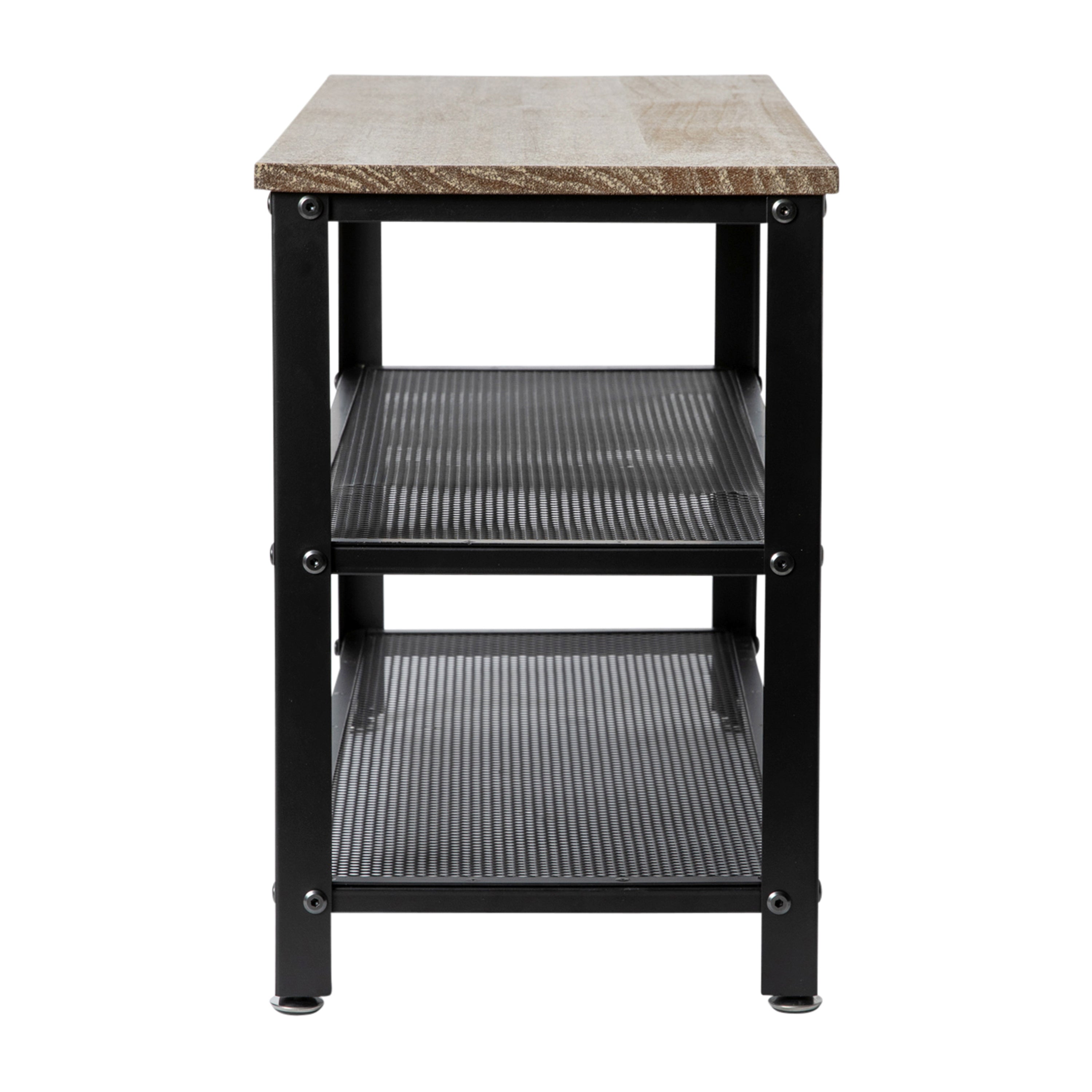 Easton 3-Tier Wooden Entryway Bench with Metal Mesh Shoe Storage Shelves for Entryway, Mudroom, or Bedroom in Weathered Wood with Black Metal Frame