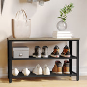 Easton 3-Tier Wooden Entryway Bench with Metal Mesh Shoe Storage Shelves for Entryway, Mudroom, or Bedroom in Weathered Wood with Black Metal Frame