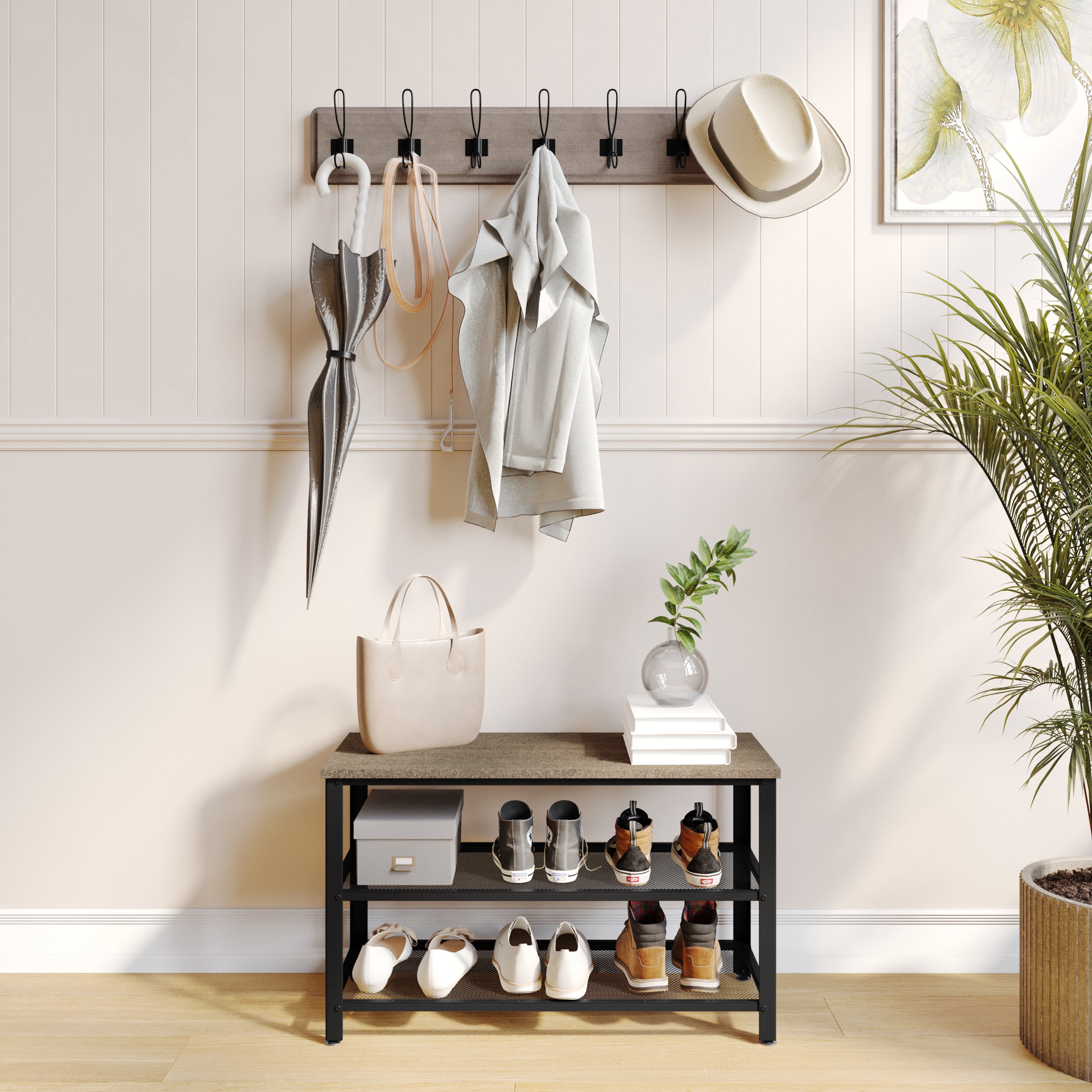 Easton 3-Tier Wooden Entryway Bench with Metal Mesh Shoe Storage Shelves for Entryway, Mudroom, or Bedroom in Weathered Wood with Black Metal Frame