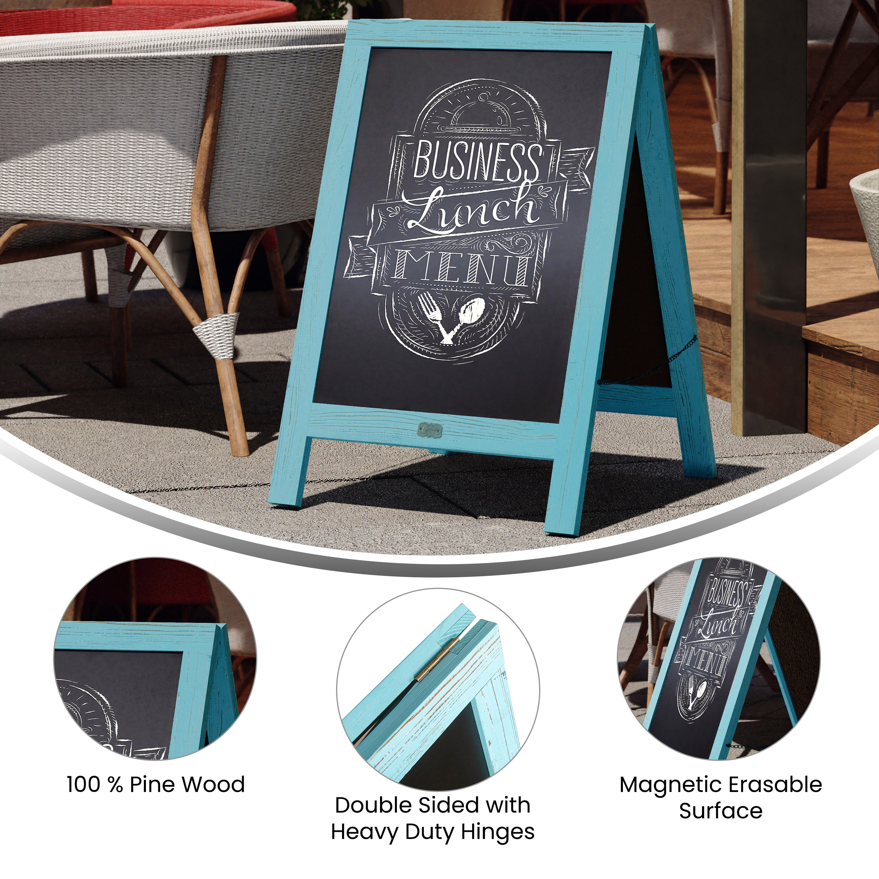 Canterbury 30" x 20" Vintage Wooden A-Frame Magnetic Indoor/Outdoor Chalkboard Sign, Freestanding Double Sided Extra Large Message Board, Robin Blue