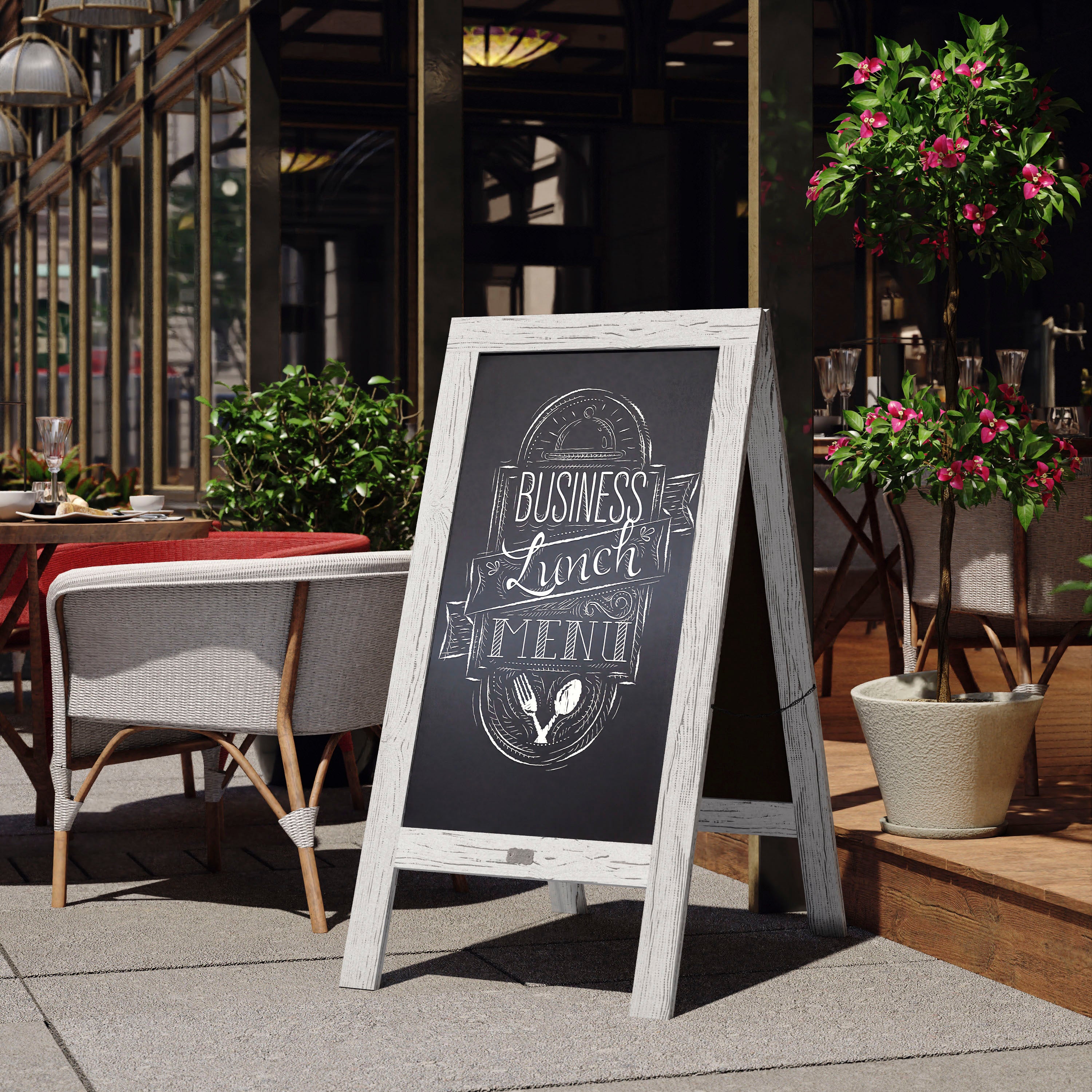 Canterbury Whitewashed 48x24 Vintage Wooden A-Frame Indoor/Outdoor A-Frame Magnetic Chalkboard Sign Set with 8 Chalk Markers, 10 Stencils, 2 Magnets